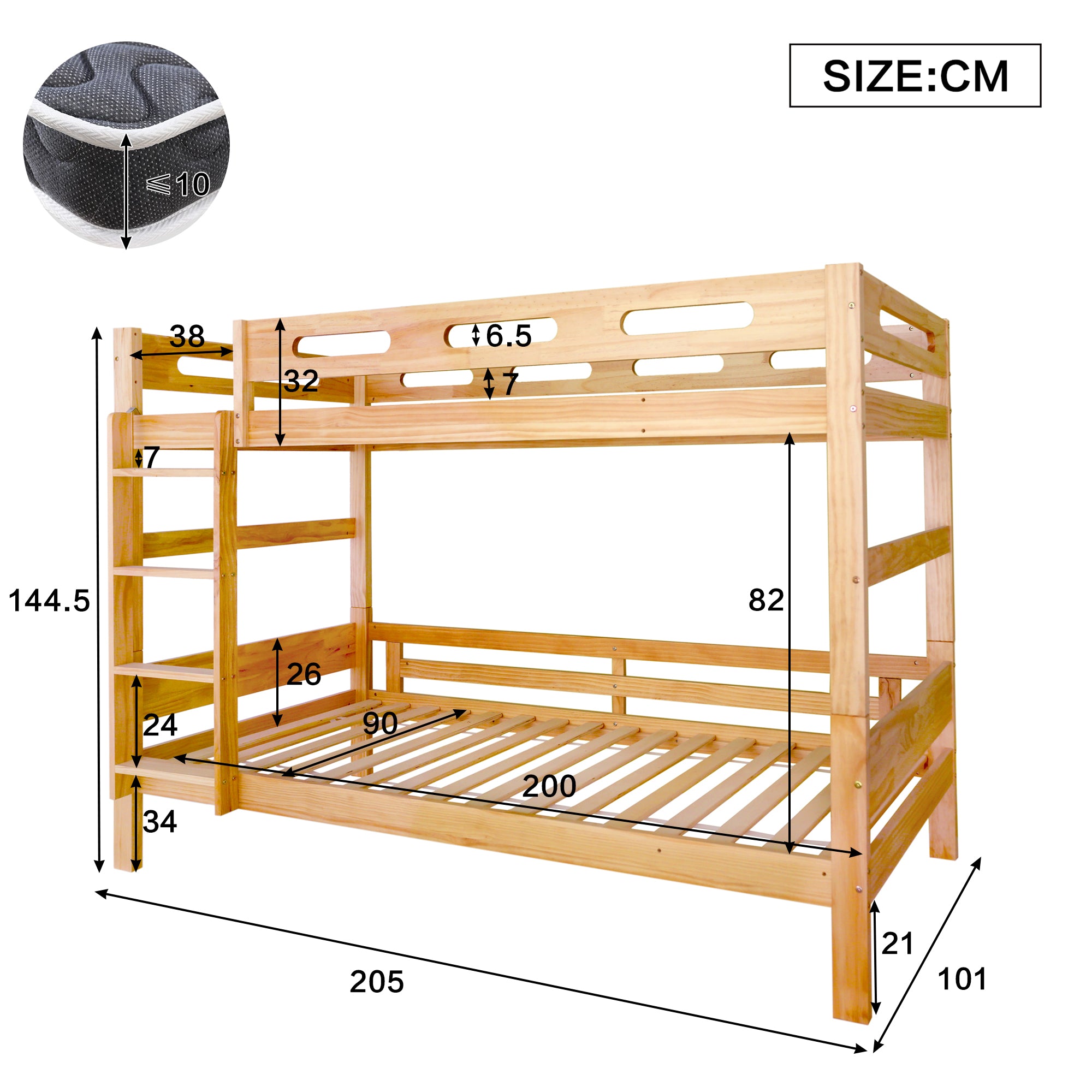 Bunk Bed 90x200cm Divisible 2 Single Beds Sturdy Pine Frame, Natural