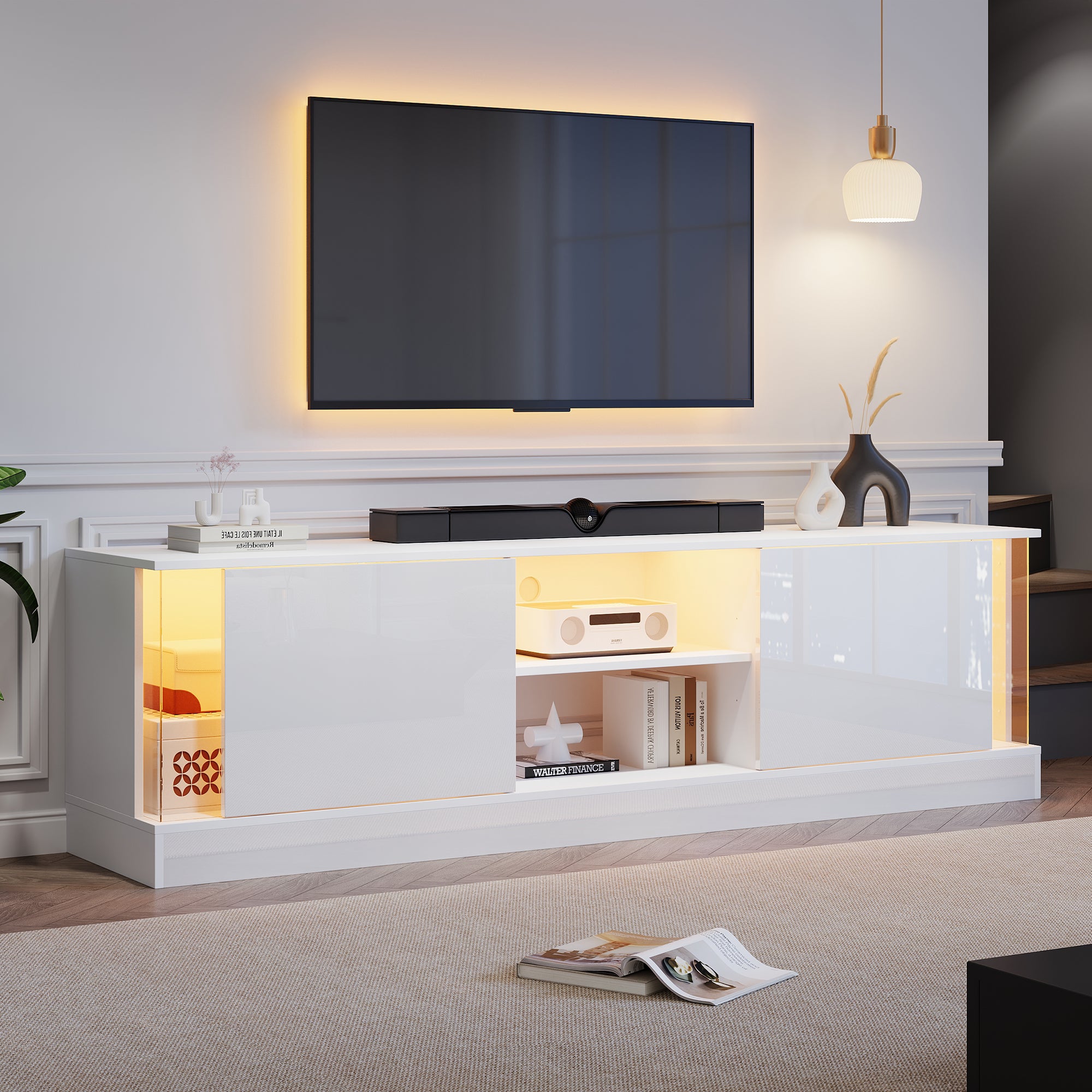 TV Cabinet with LED Storage, Floor-Standing, 70-inch TV Compatible, High-Gloss White