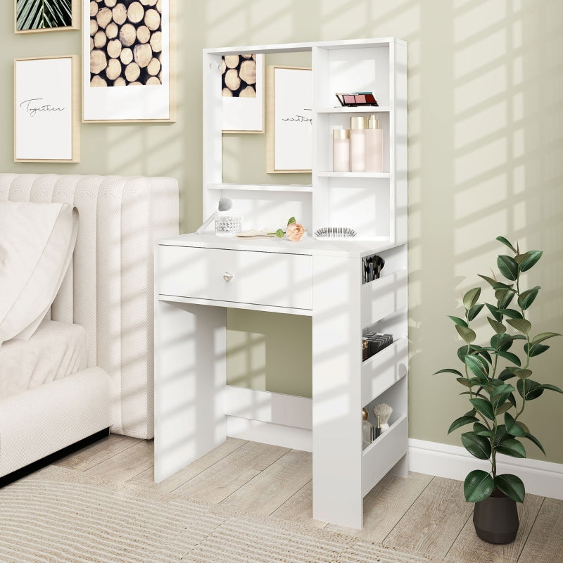 Dressing table with mirror, drawer, 3-tier side shelf, white chipboard