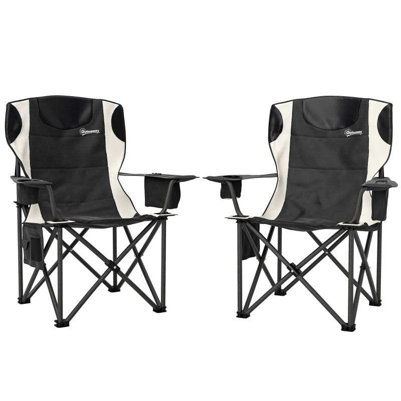 Set of 2 Folding Camping Chairs, Padded with Cooler Bag, Cup Holder, Black