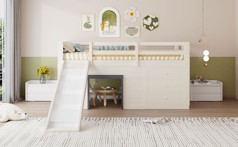 Loft Bed, 90 x 200 with Slide, 3 Drawers & 2 Doors, Cream