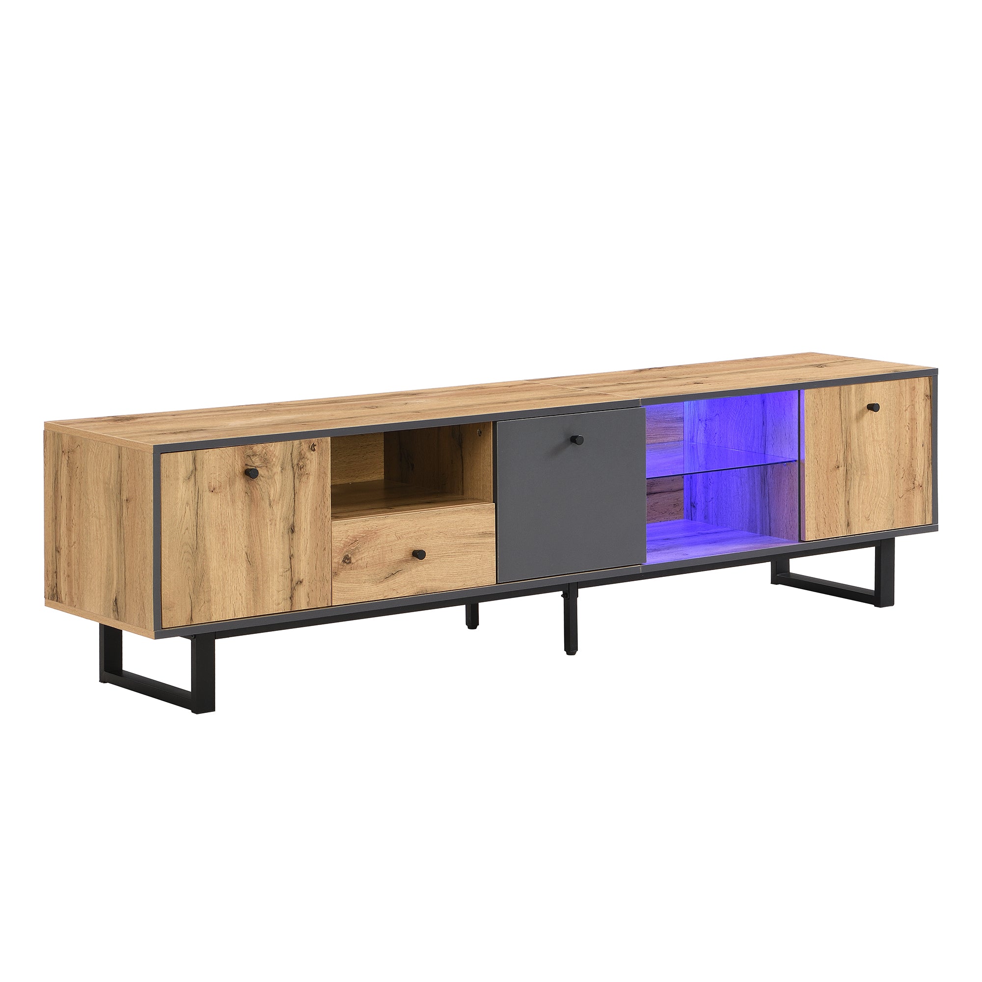 Lowboard TV Cabinet, LED Light & Glass Partition, Color-Matching Design