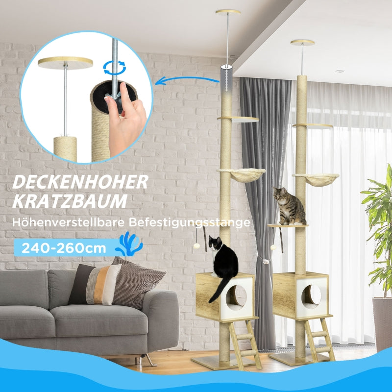 Cat Tree, Ceiling-High Cat House Two Platforms Hammock Anti-Tip, Light Brown + Beige