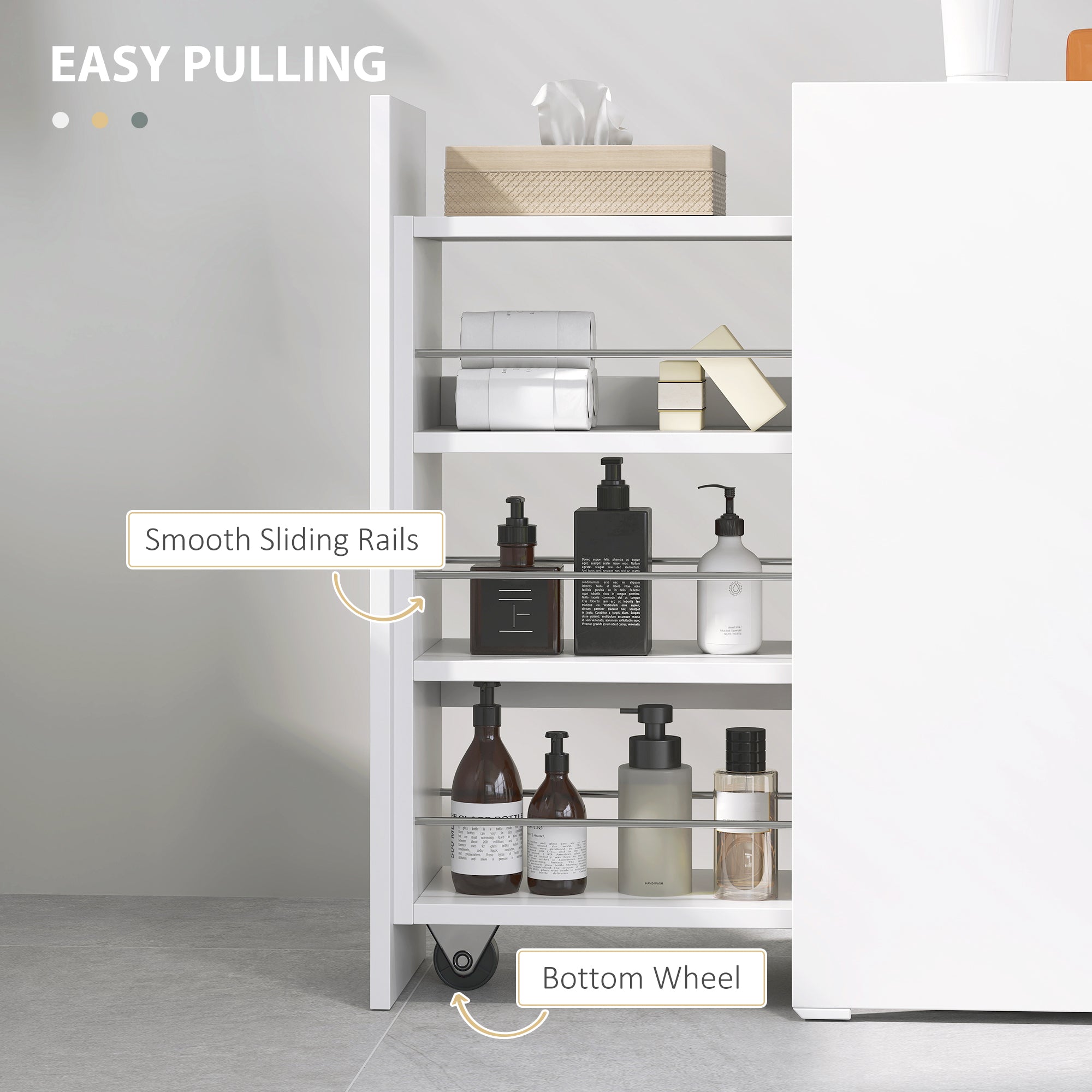 Slim Bathroom Cabinet, Wheels, 3 Deep Compartments, White