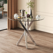 Round Dining Table, Tempered Glass Top, Galvanized Legs, Silver
