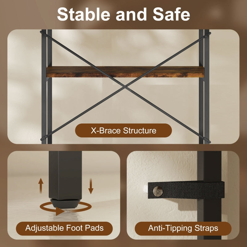 5-Tier Bookshelf Industrial Metal Frame Bookcase Rustic Brown and Black