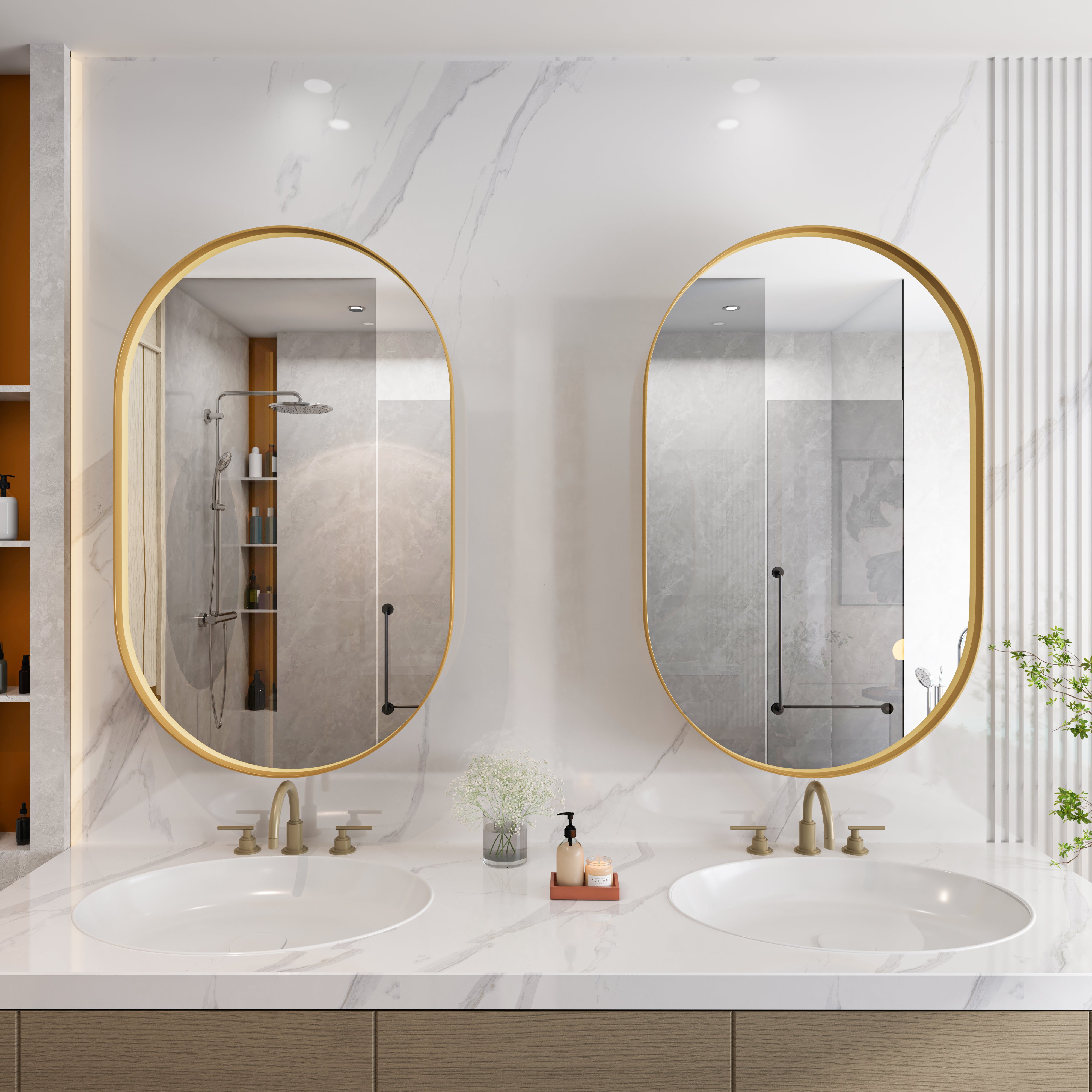 Oval Mirror Cabinet, Recessed Medicine Wall Storage Adjustable Shelves, Gold Metal Framed