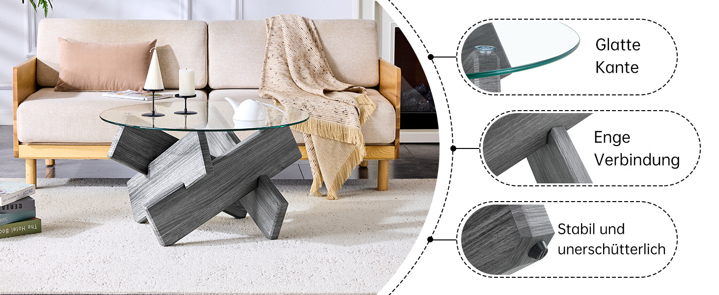 Round Coffee Table 79cm Tempered Glass Cross Legs - Gray MDF