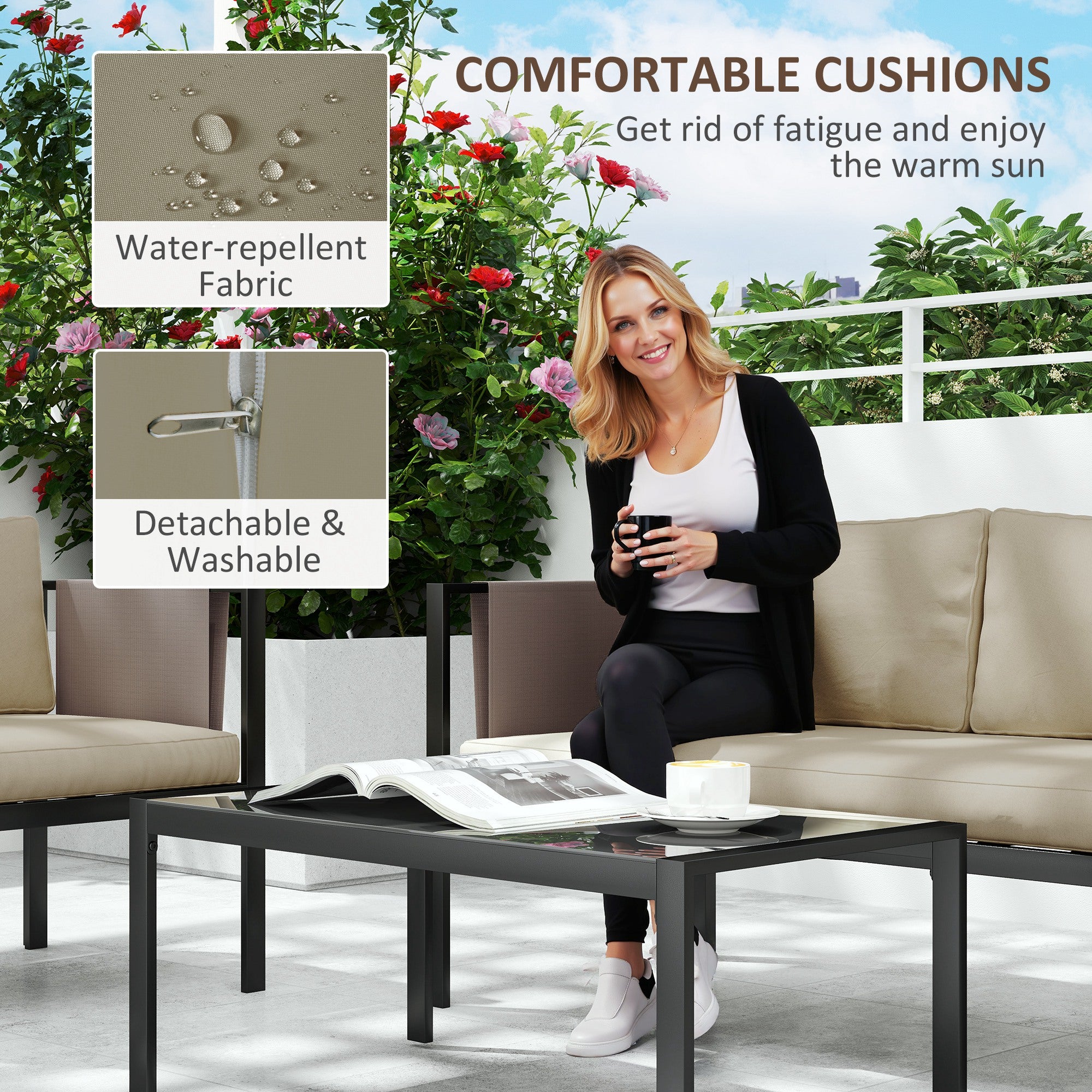 4 Piece Garden Furniture Set with Tempered Glass Coffee Table, Loveseat, Armchairs, Padded Cushions, Khaki Metal
