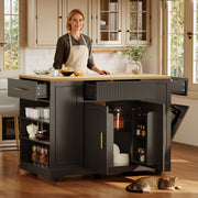 Kitchen Island with Waste Bin Compartment, 2 Doors & 3 Drawers, Black Wood Grain