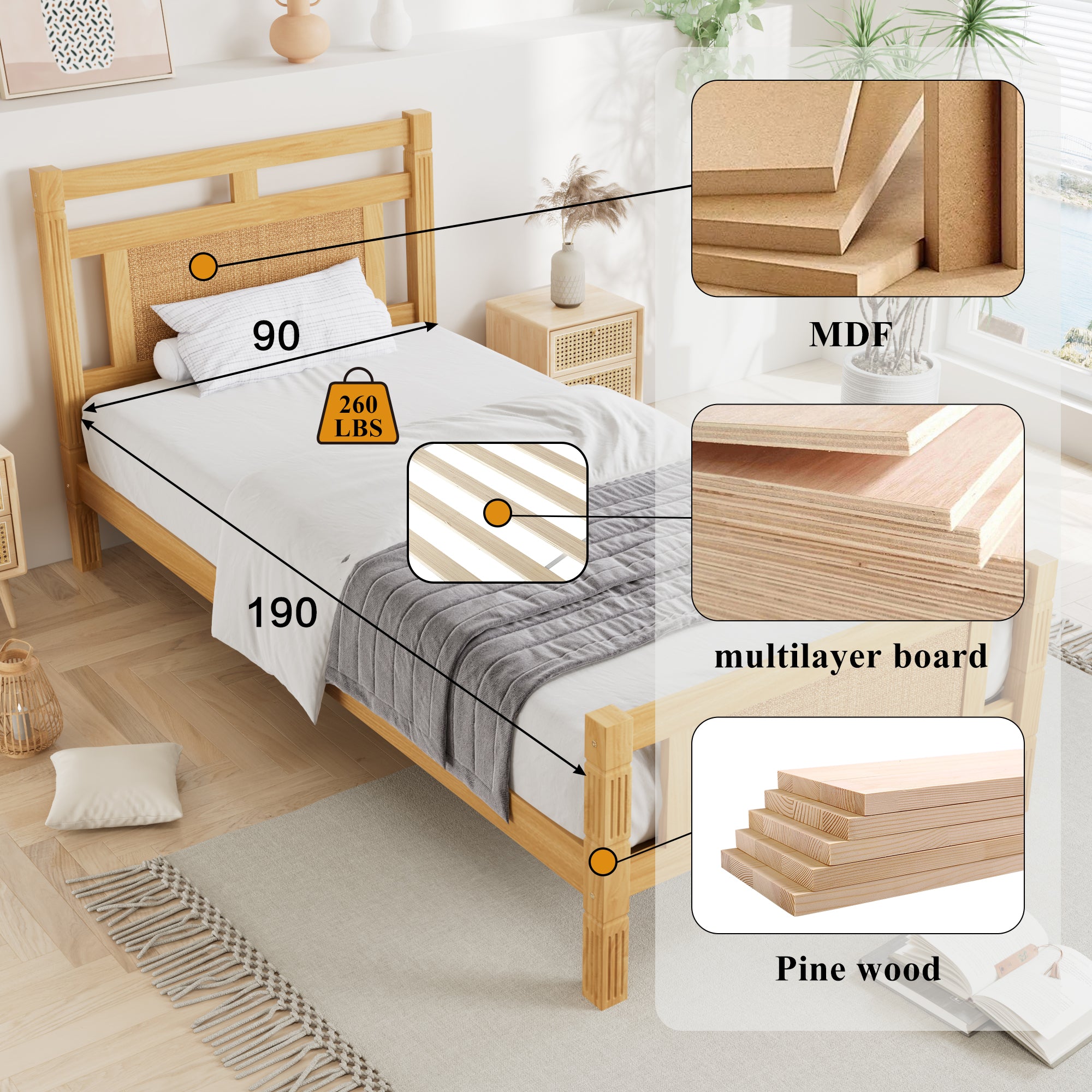 Wooden Bed, Single 90x190cm, Rattan Paper MDF/Pine, Wood Colour