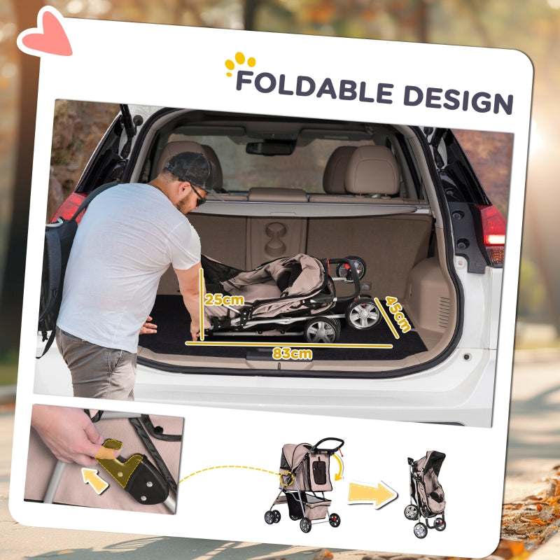 Pet Stroller Dog Pram, Foldable Wheels Zipper Entry, Brown