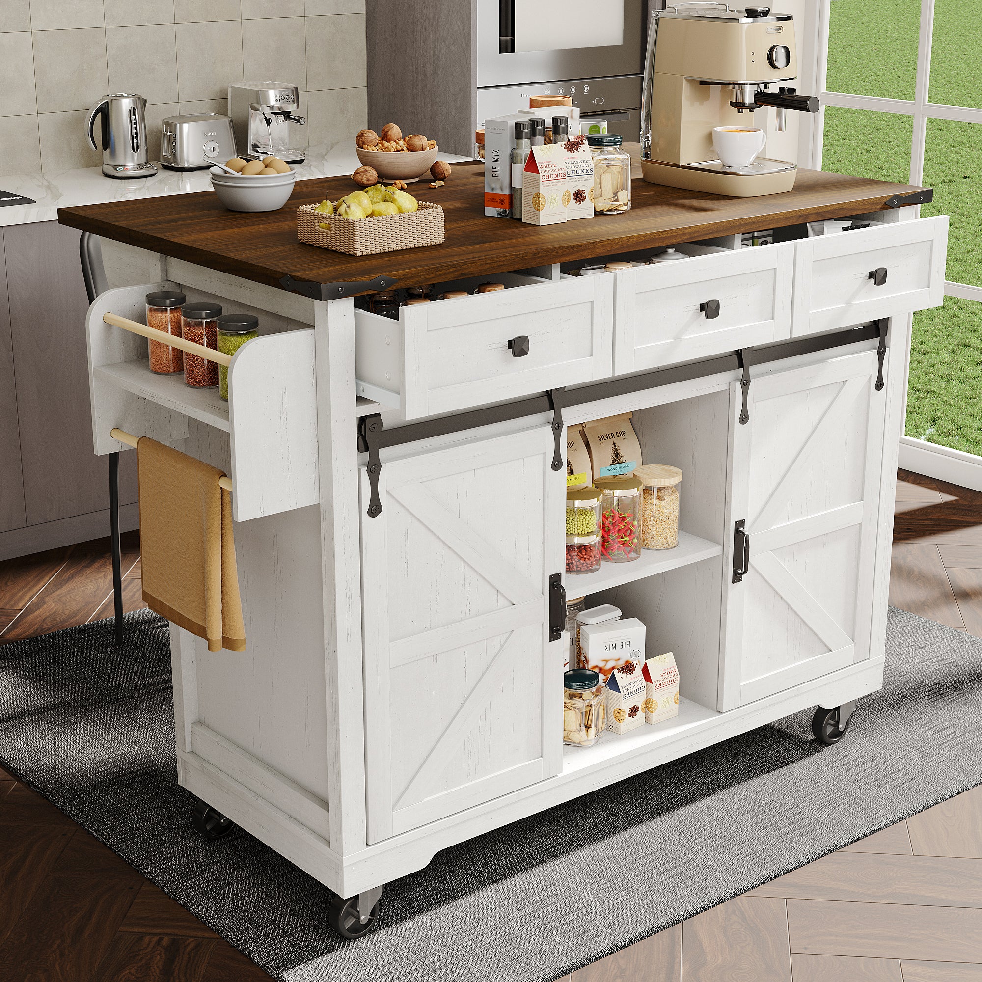 Kitchen Island Mobile Extendable Worktop 2 Sliding Doors 3 Drawers - Wood Grain