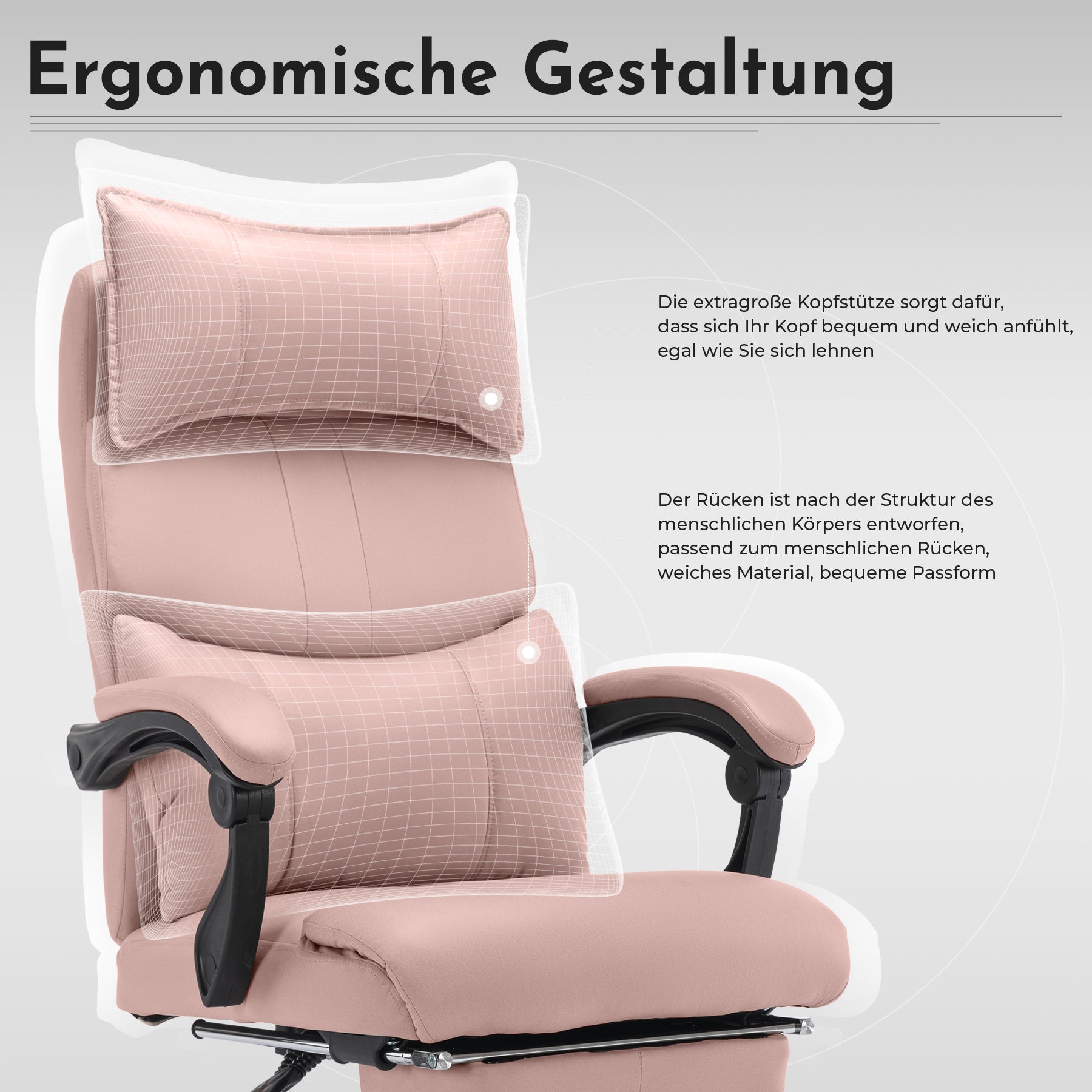Office Chair, Ergonomic Height-Adjustable Swivel with Dual Lumbar Support, Pink PU Leather