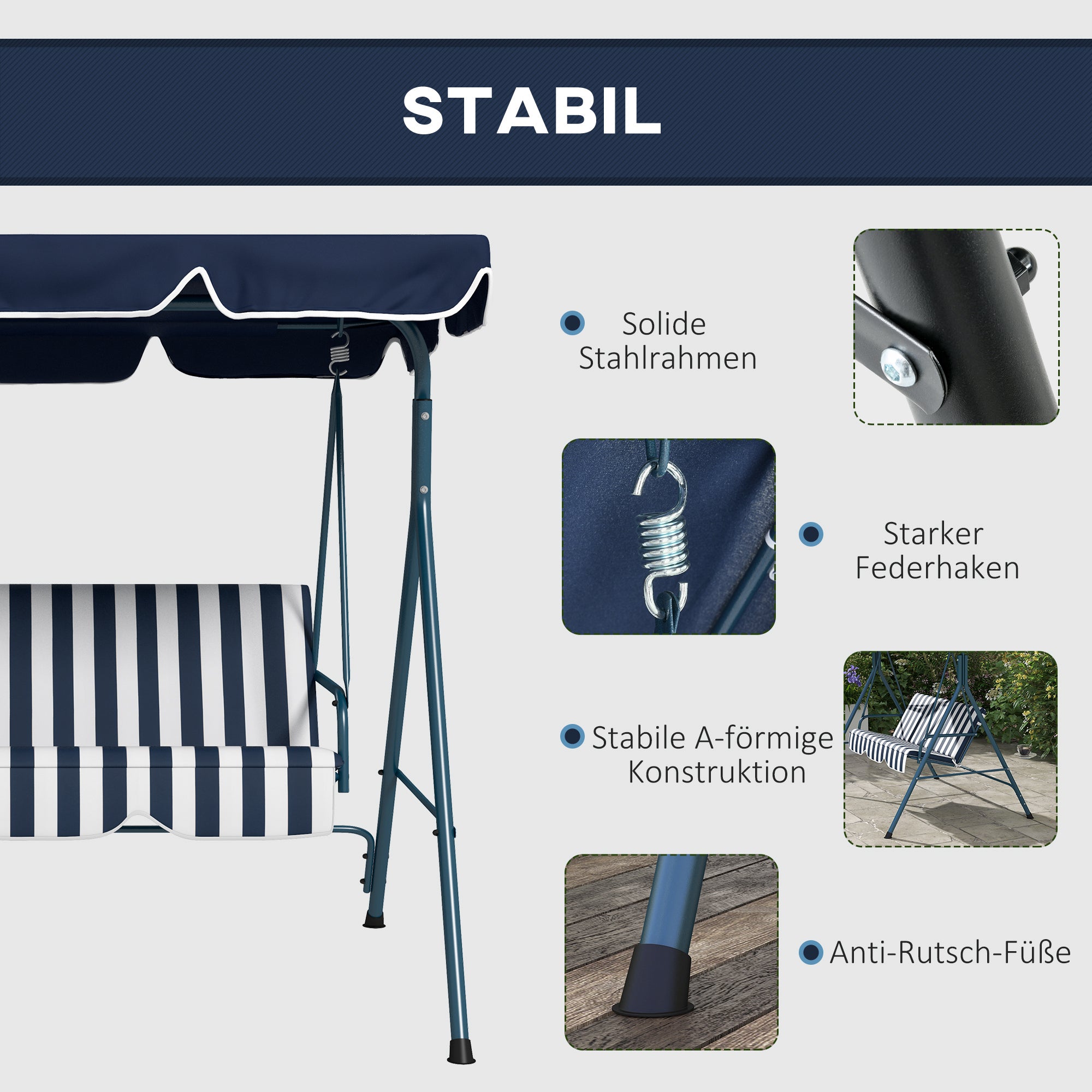 Hollywood Swing 3-Seater Adjustable Canopy Weatherproof - Blue