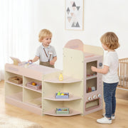Kids Grocery Store Playset with Cash Register, Vending Machine, and Display Shelves, Pink MDF