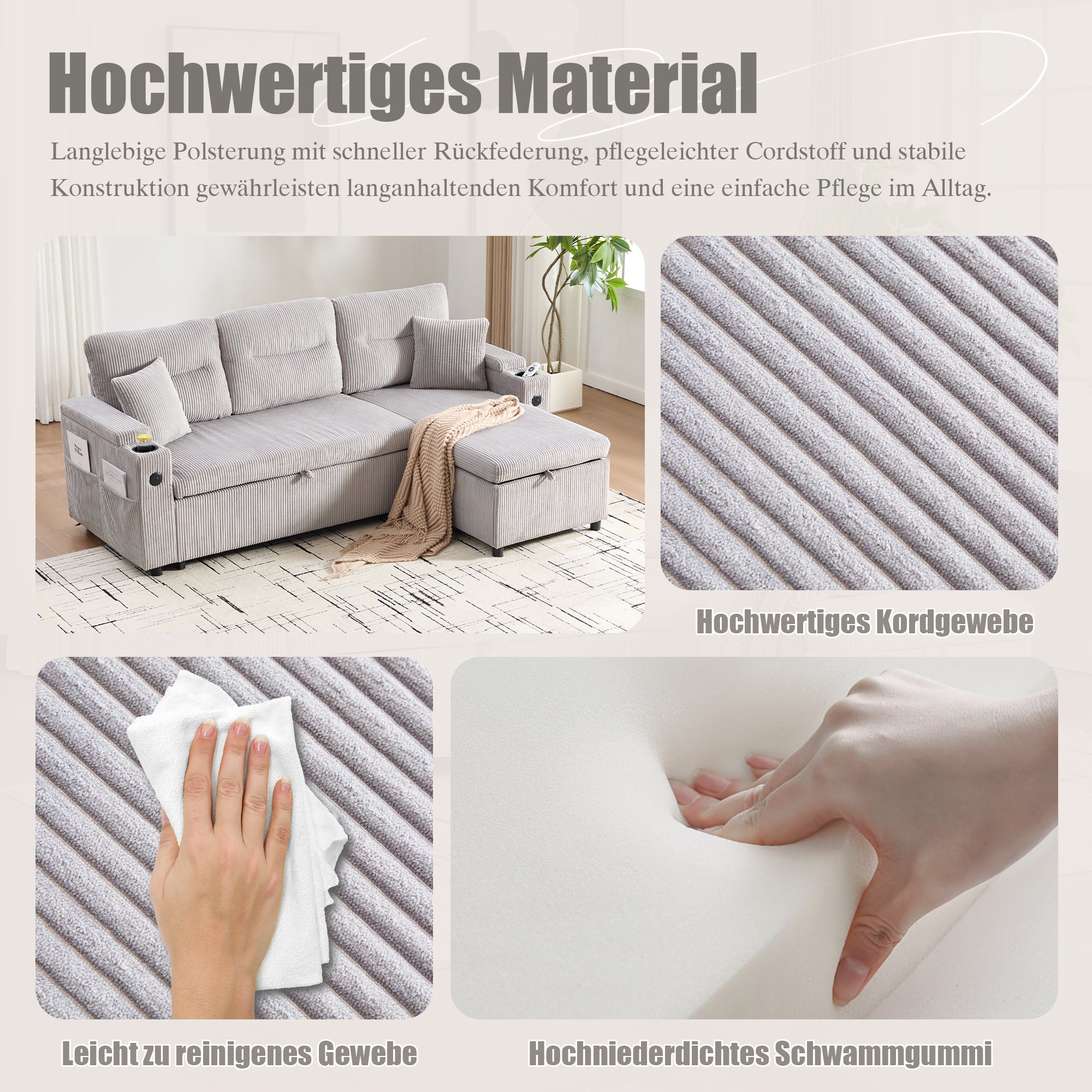 Modern 3-Seater Sofa with Storage, Cup Holders, USB-C and Pull-Out Bed, Corduroy