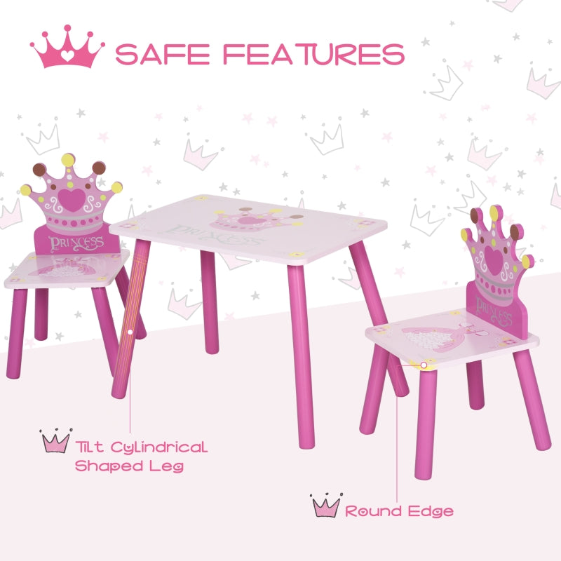 3 Pcs Kids Table and Chair Set Princess & Crown Theme for 2-4 Years Pink