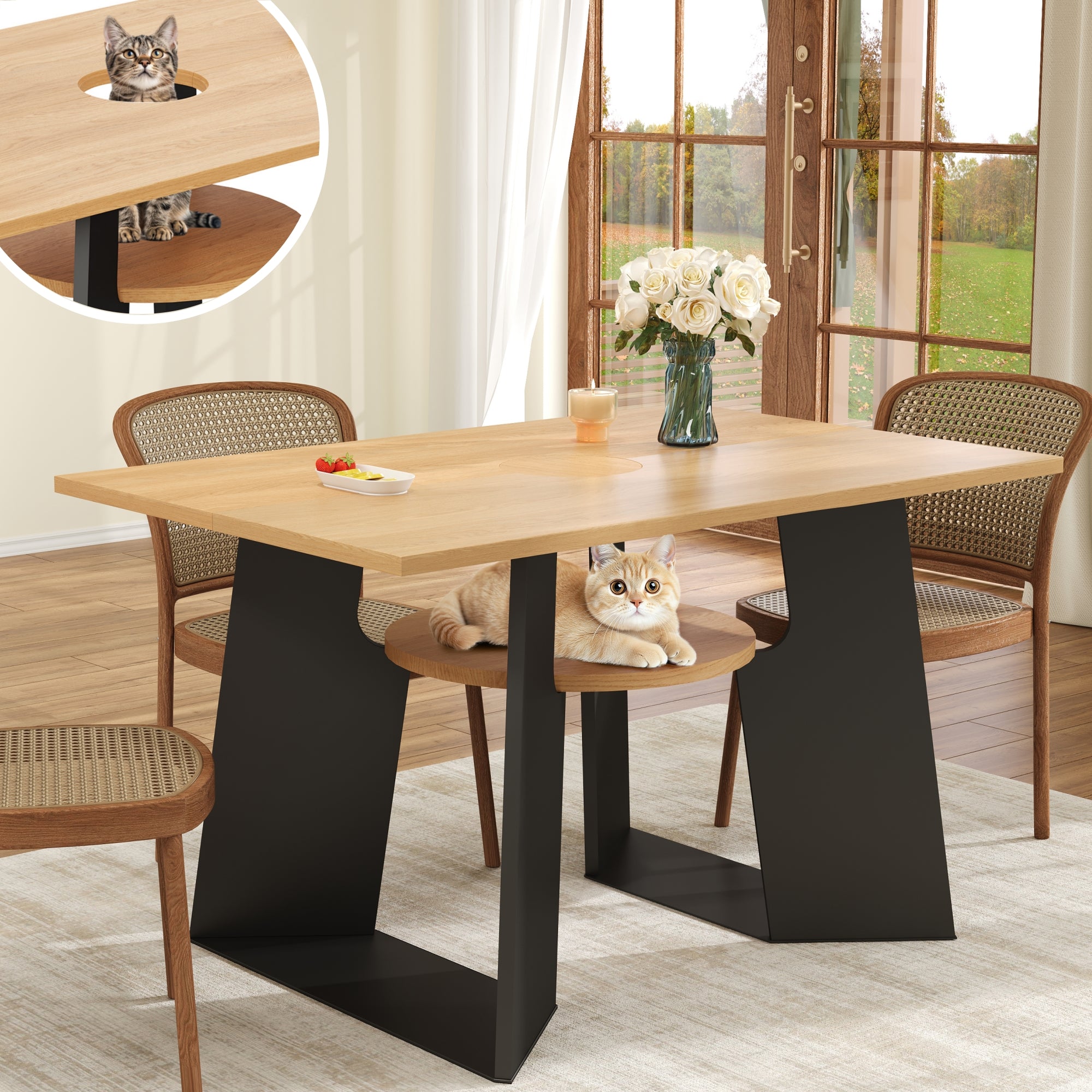 Pet-Friendly Dining Table 6 Seater Pet Area Shelf - Natural Wood/Black Mix