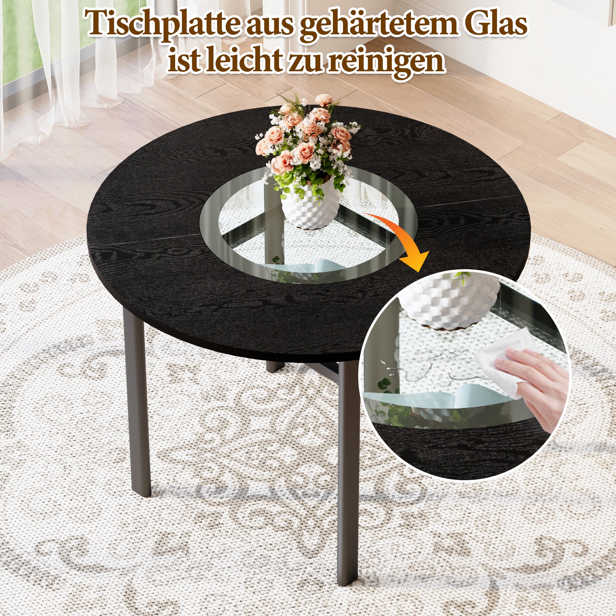 Modern Minimalist Round Table Set with Storage and 4 Dining Chairs, Black Wood Look & Brown Tech Fabric