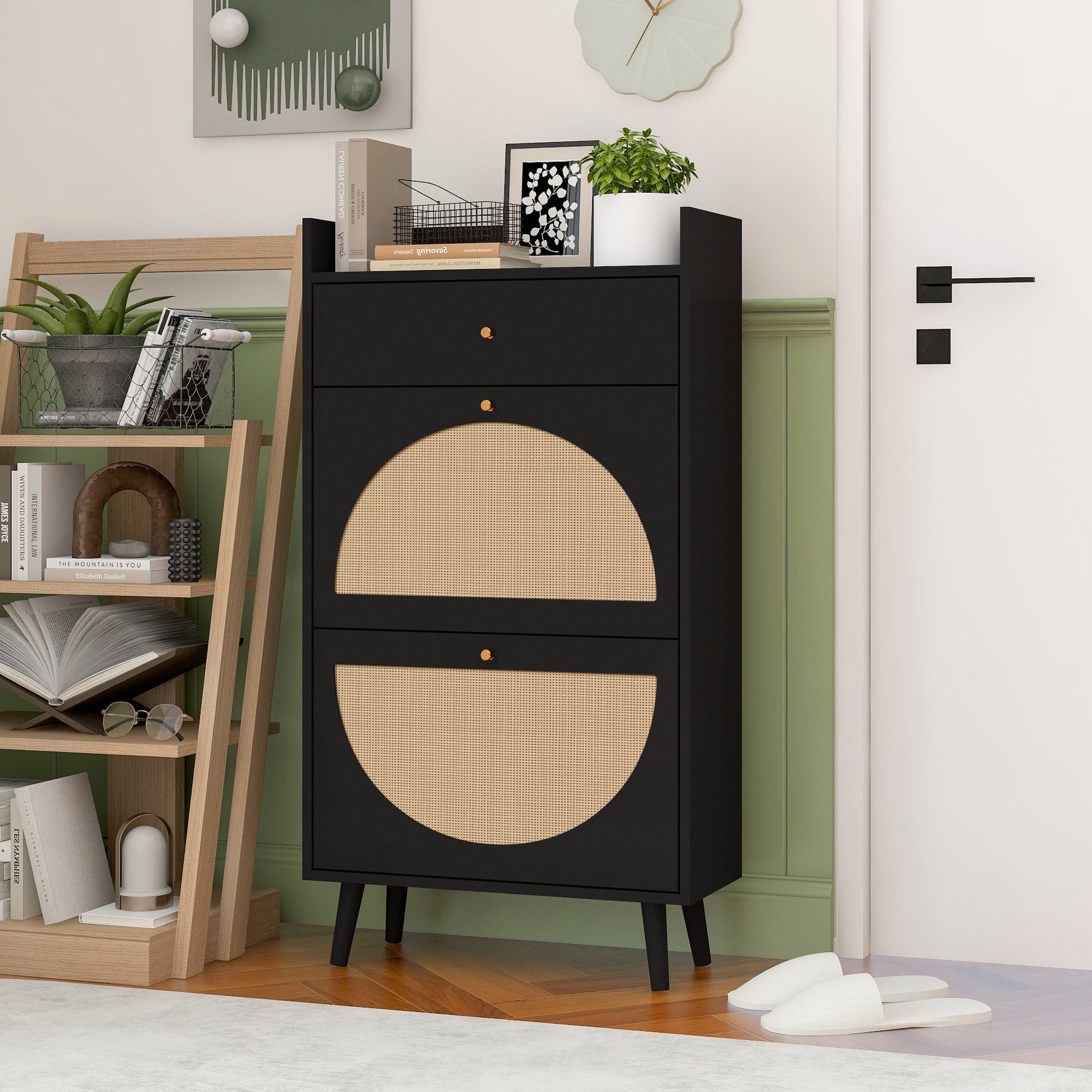 Shoe Cabinet with Two Doors, Drawer, Double Shelf, Black Rattan