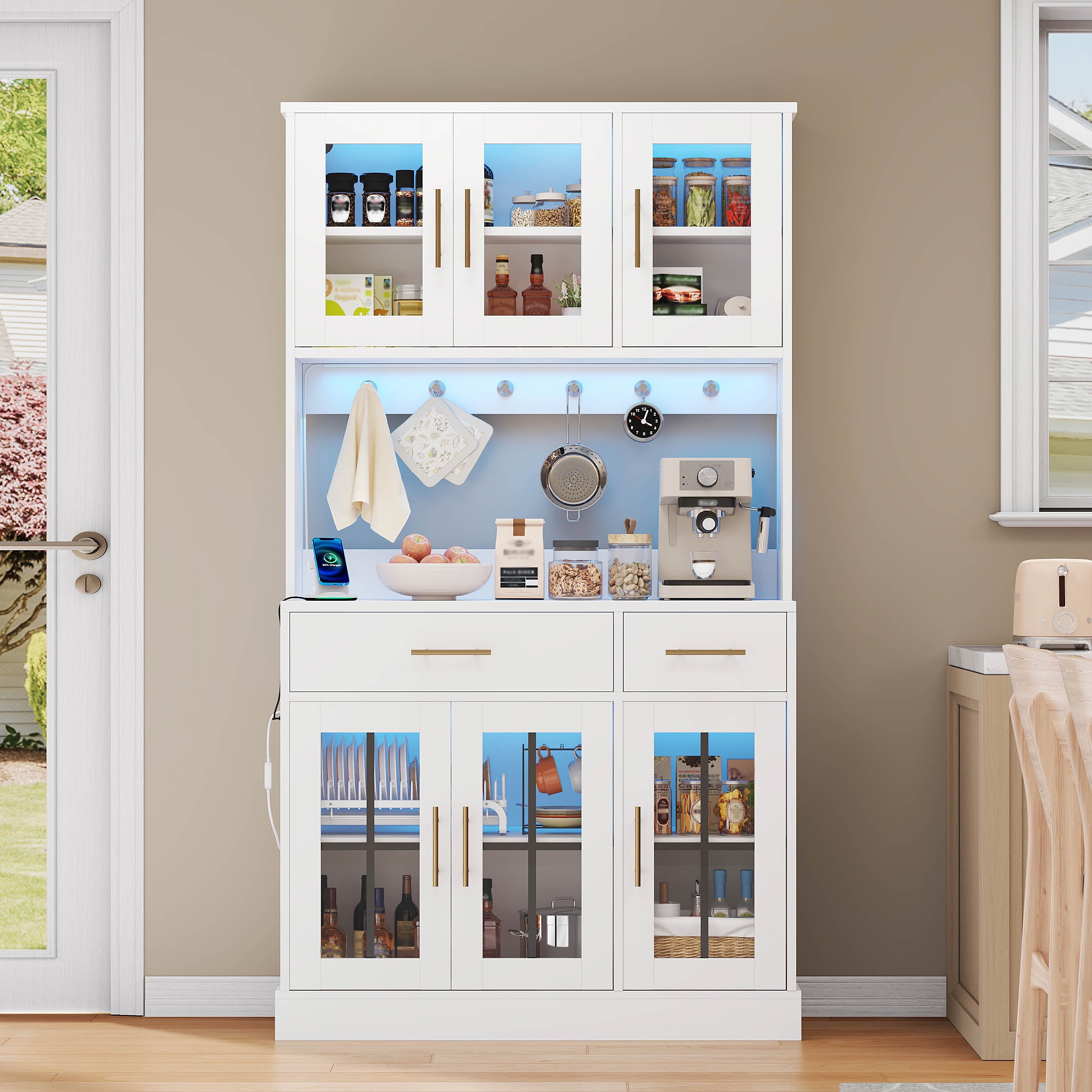 Kitchen Sideboard 180x100cm LED Socket 6 Doors 2 Drawers Adjustable Shelves - White