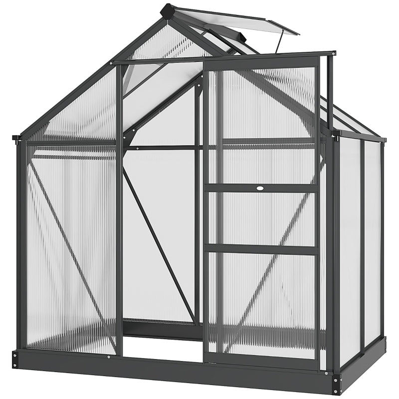 6x4ft Greenhouse, Polycarbonate Walk-In with Sliding Door & Aluminium Frame, Grey