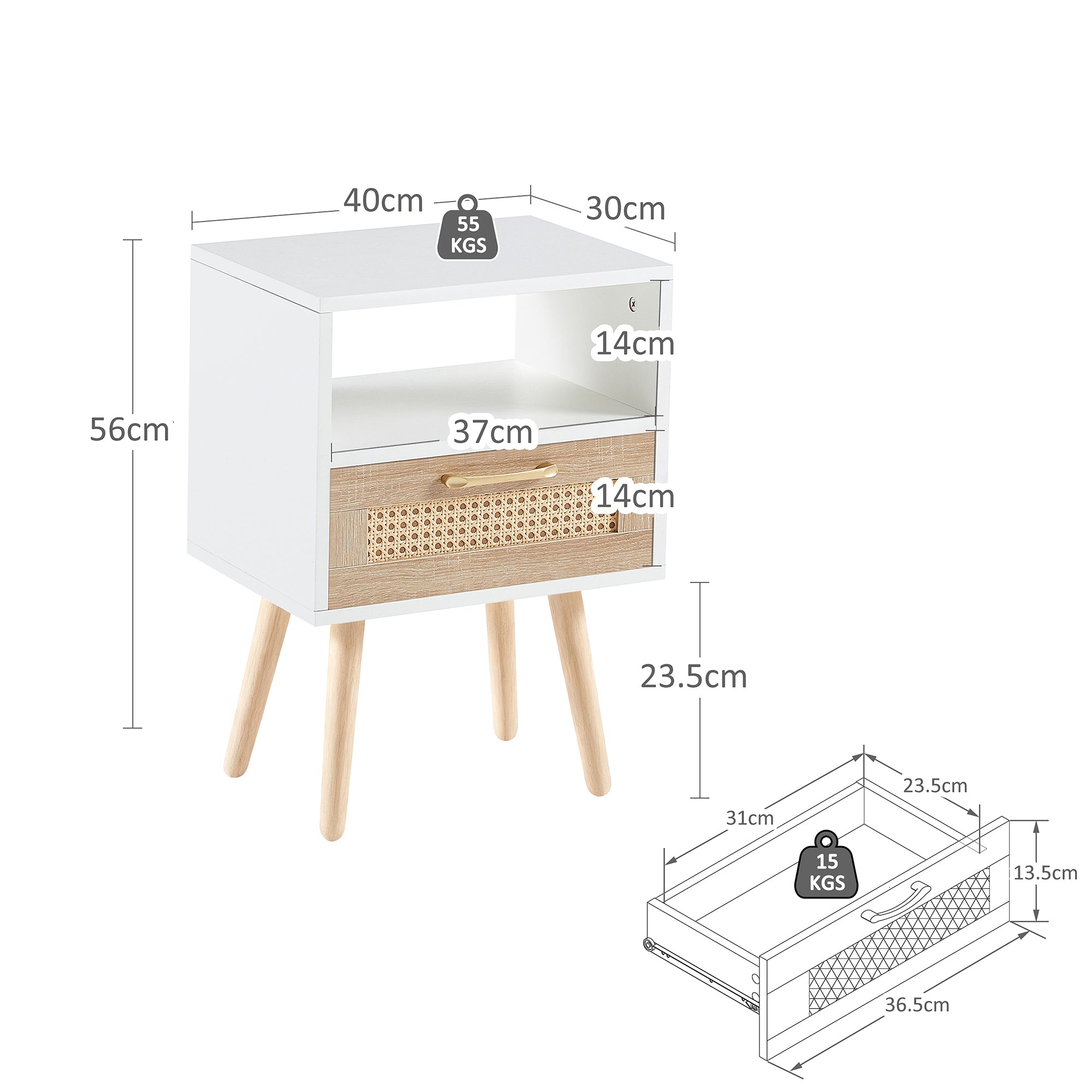 Rattan Side Table with Drawer and Solid Wood Legs, White