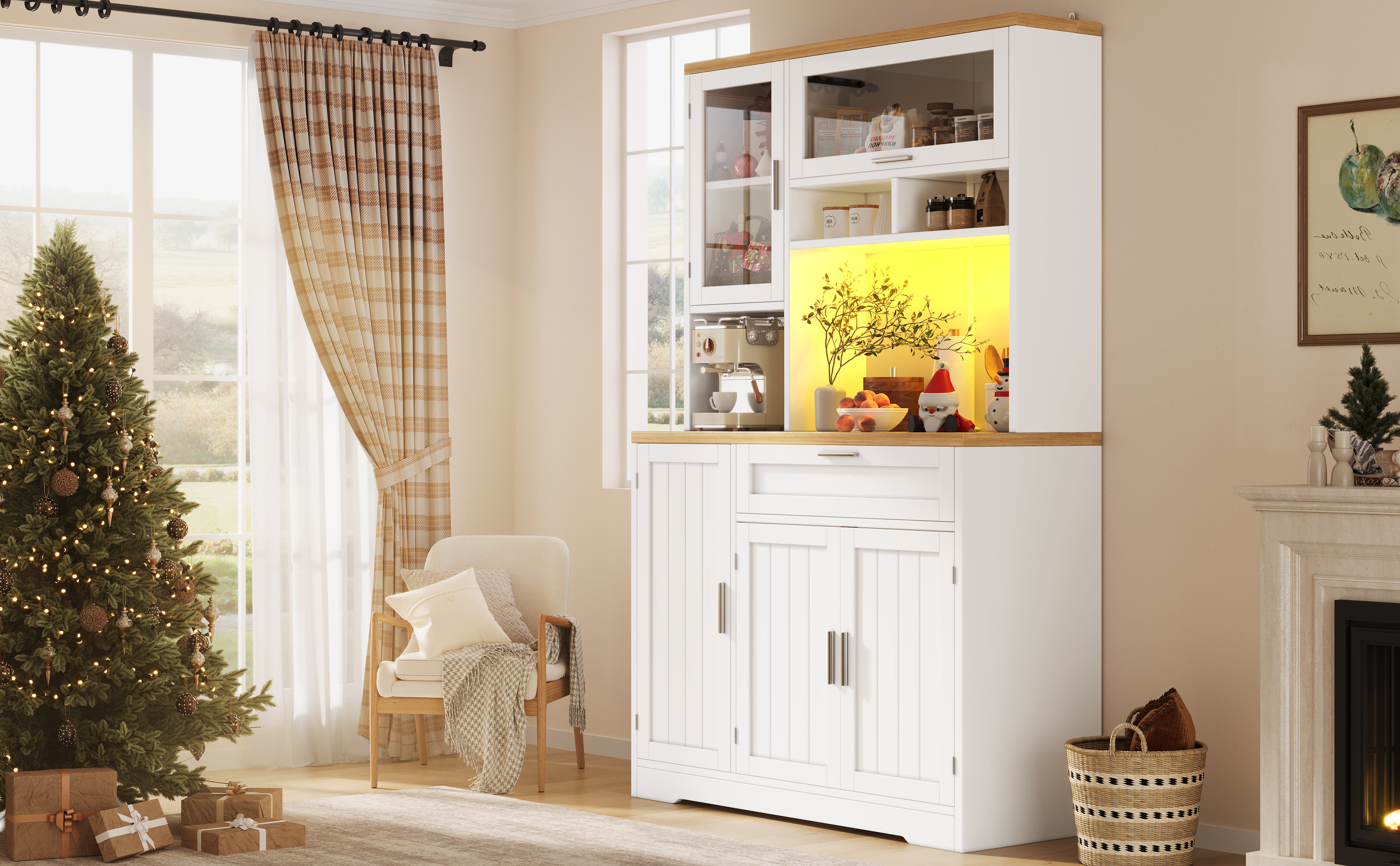 Tall Kitchen Cabinet Display Case with LED Lighting and Glass Doors, White and Black