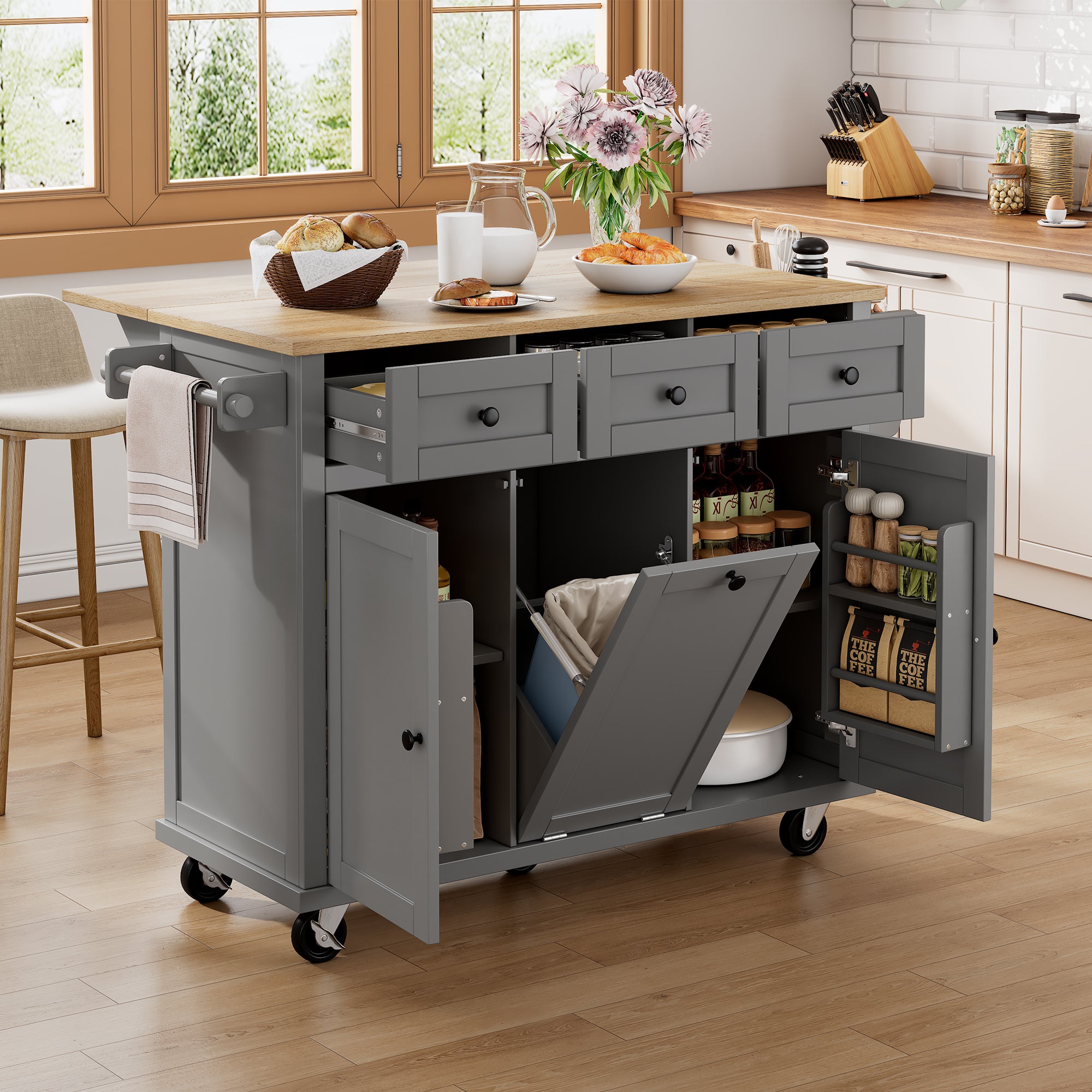 Mobile Kitchen Island with Extendable Dining Area and Waste Bin, Grey