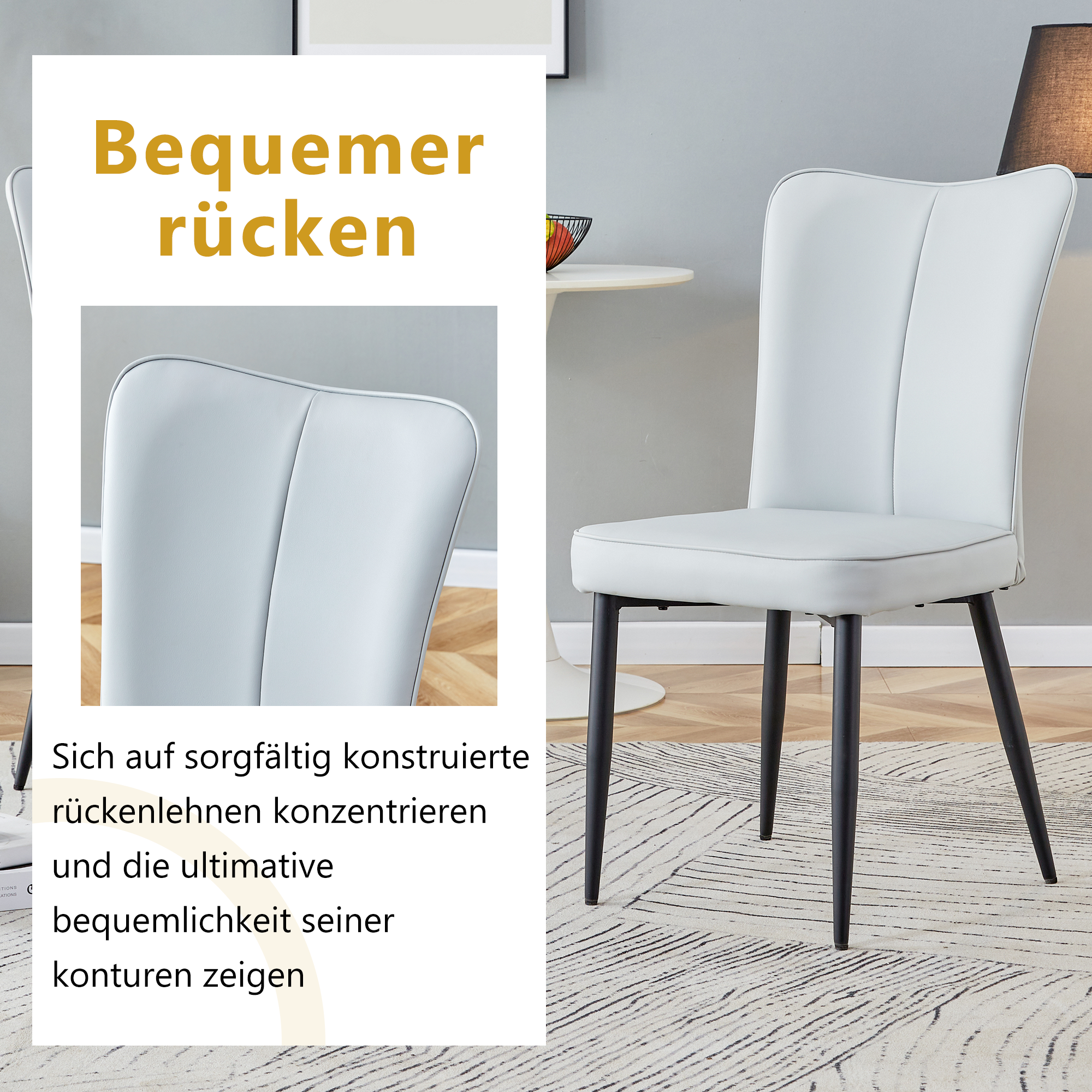 Dining Chairs, Set of 2 Modern 89cm High, Black Metal Legs, Light Grey PU