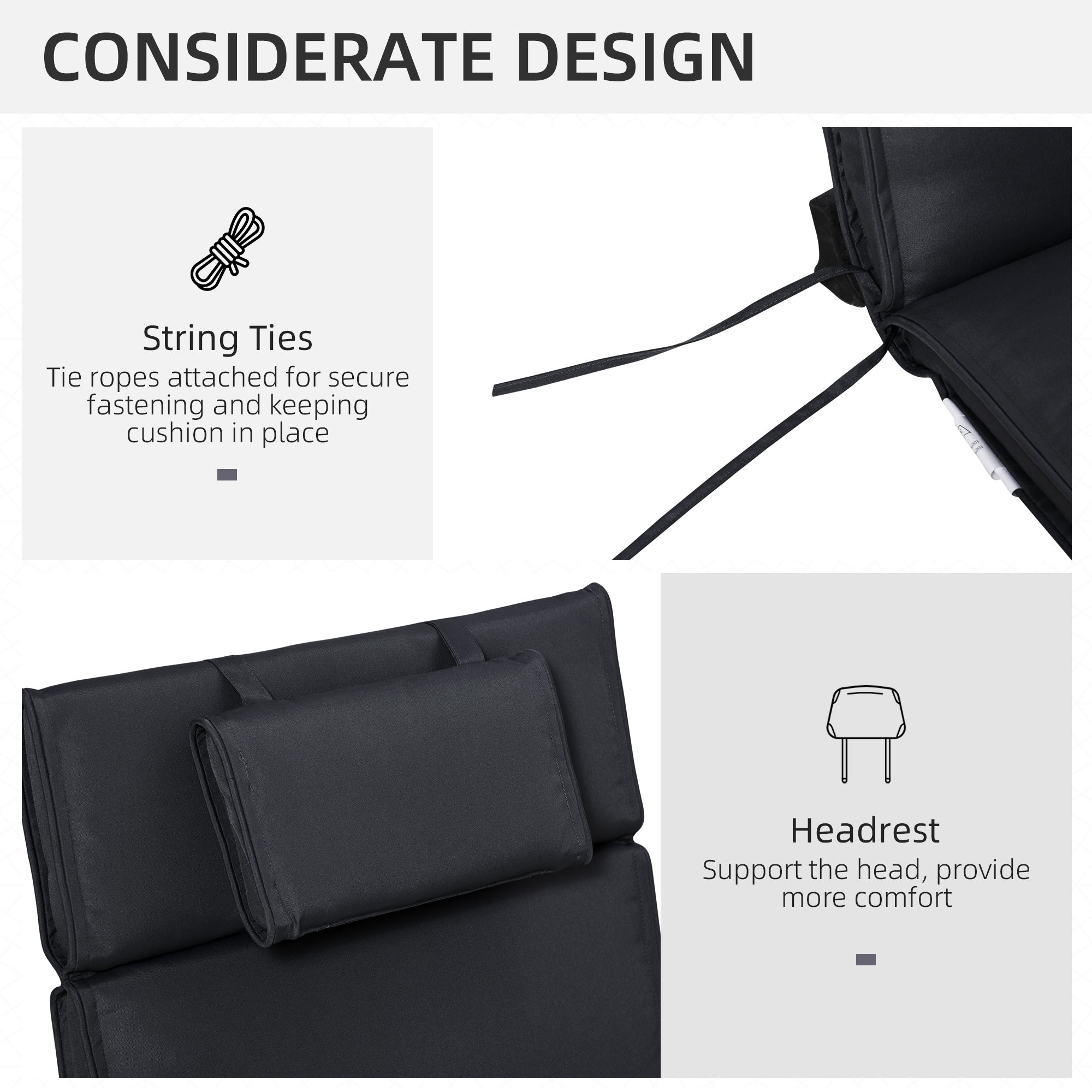 Garden Sun Lounger Cushion Replacement, Thick Sunbed Relaxer Pad with Pillow, Black