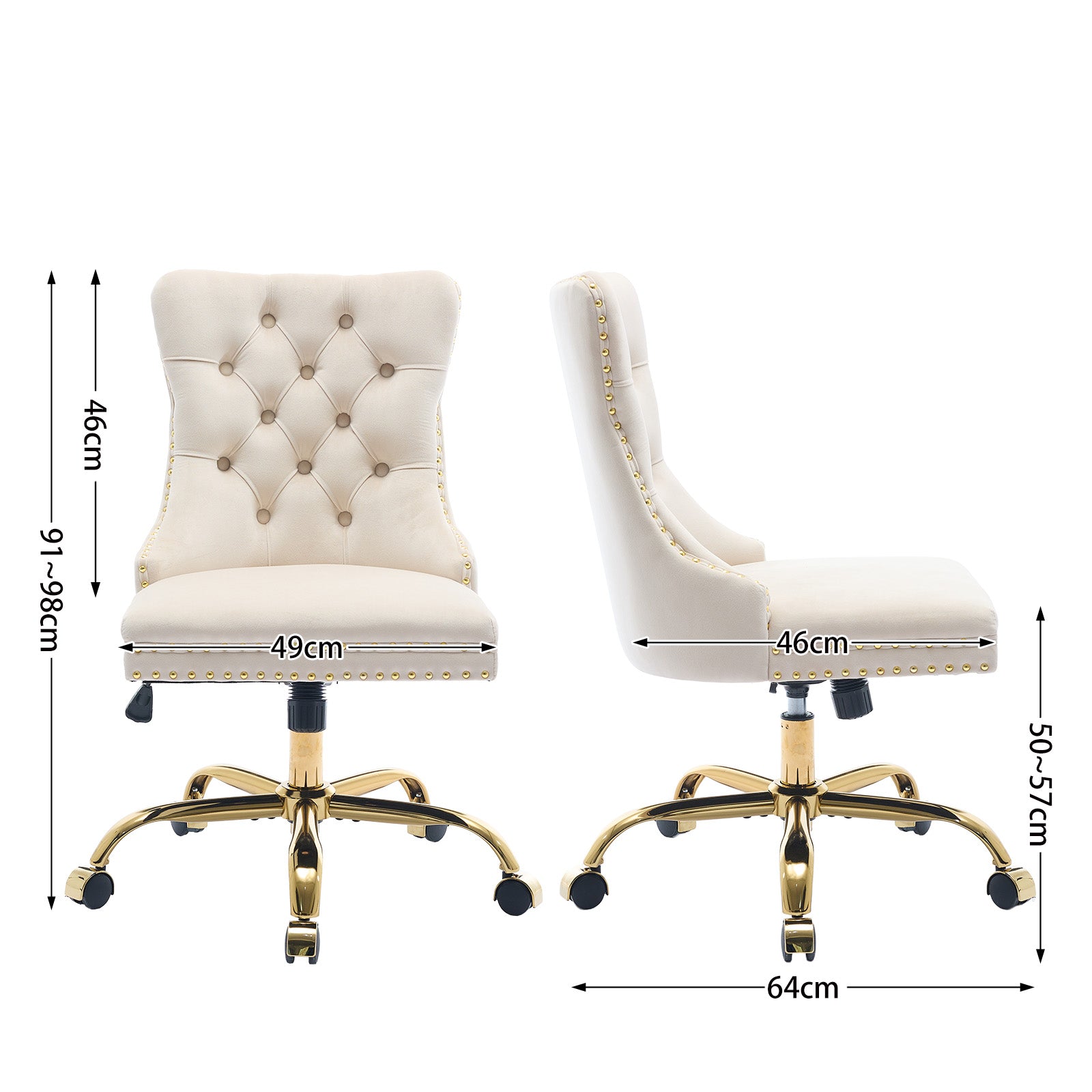 Home Office Chair Tufted Adjustable Swivel Golden Base - Beige Velvet