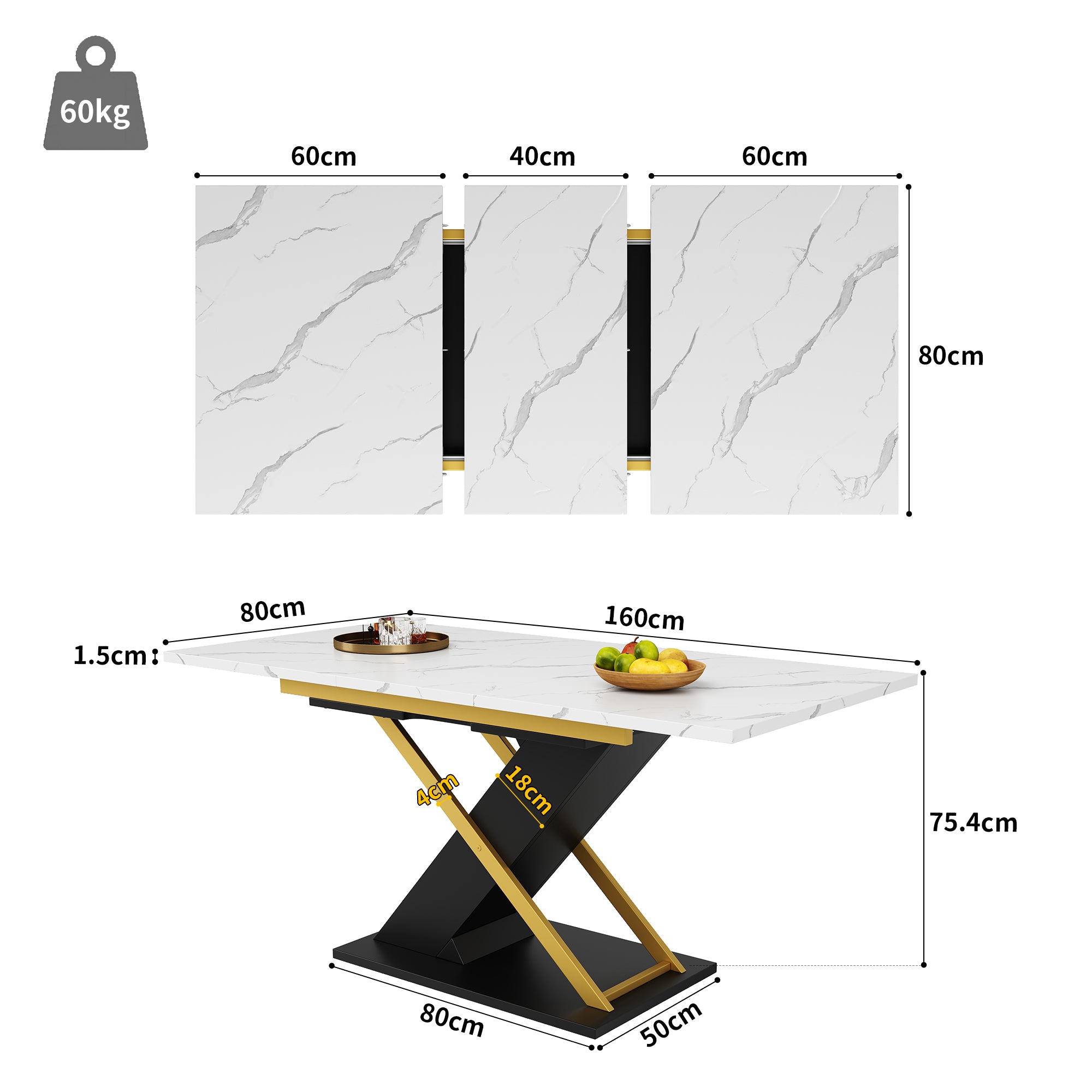 Extendable Dining Table, 120-160 x 80 cm, with Golden Cross Legs