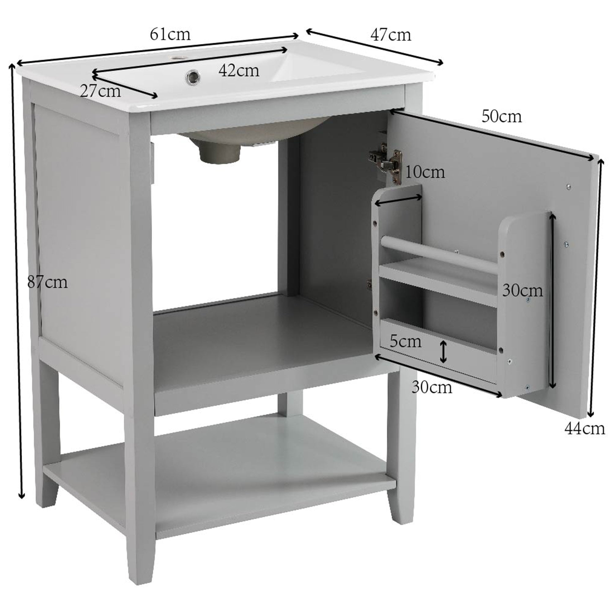 Bathroom Furniture Single Washbasin 60 cm Vanity Unit Ceramic Washbasin, Light Grey