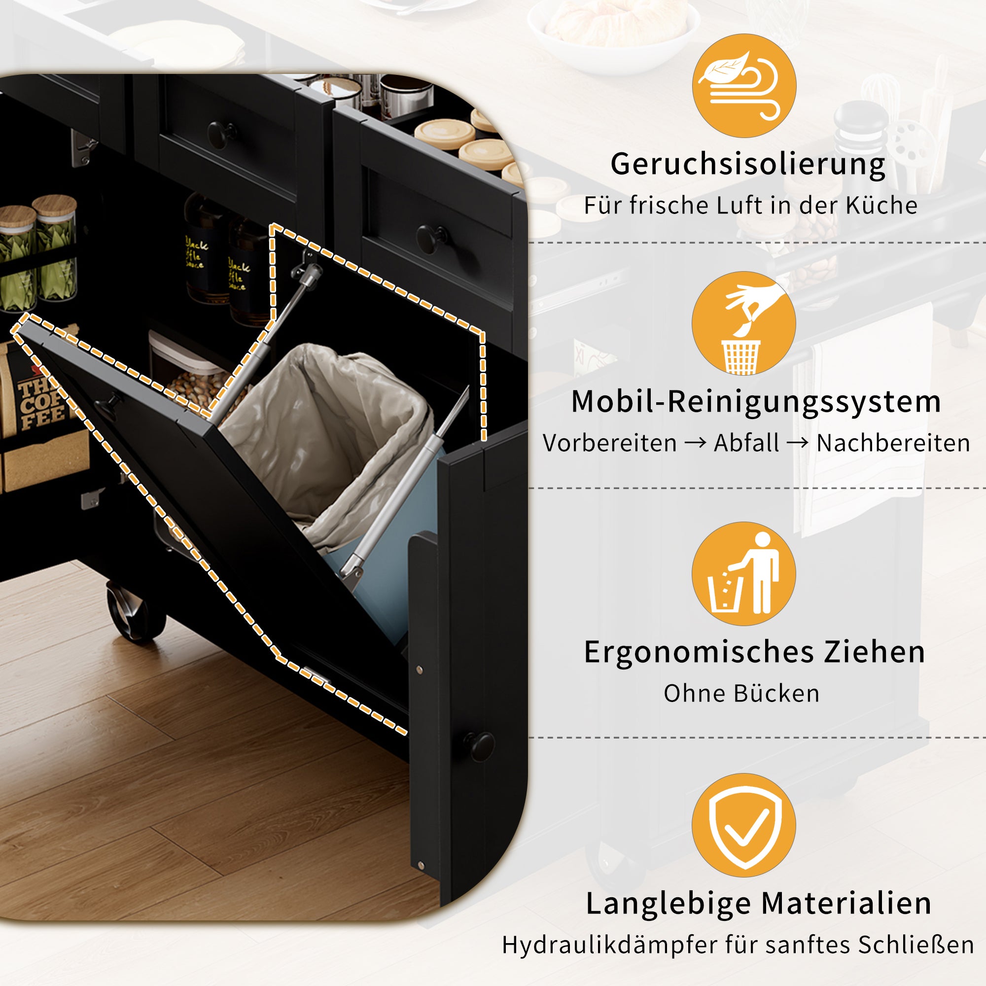 Mobile Kitchen Island Extendable Dining Area Waste Bin & Drawers - Black