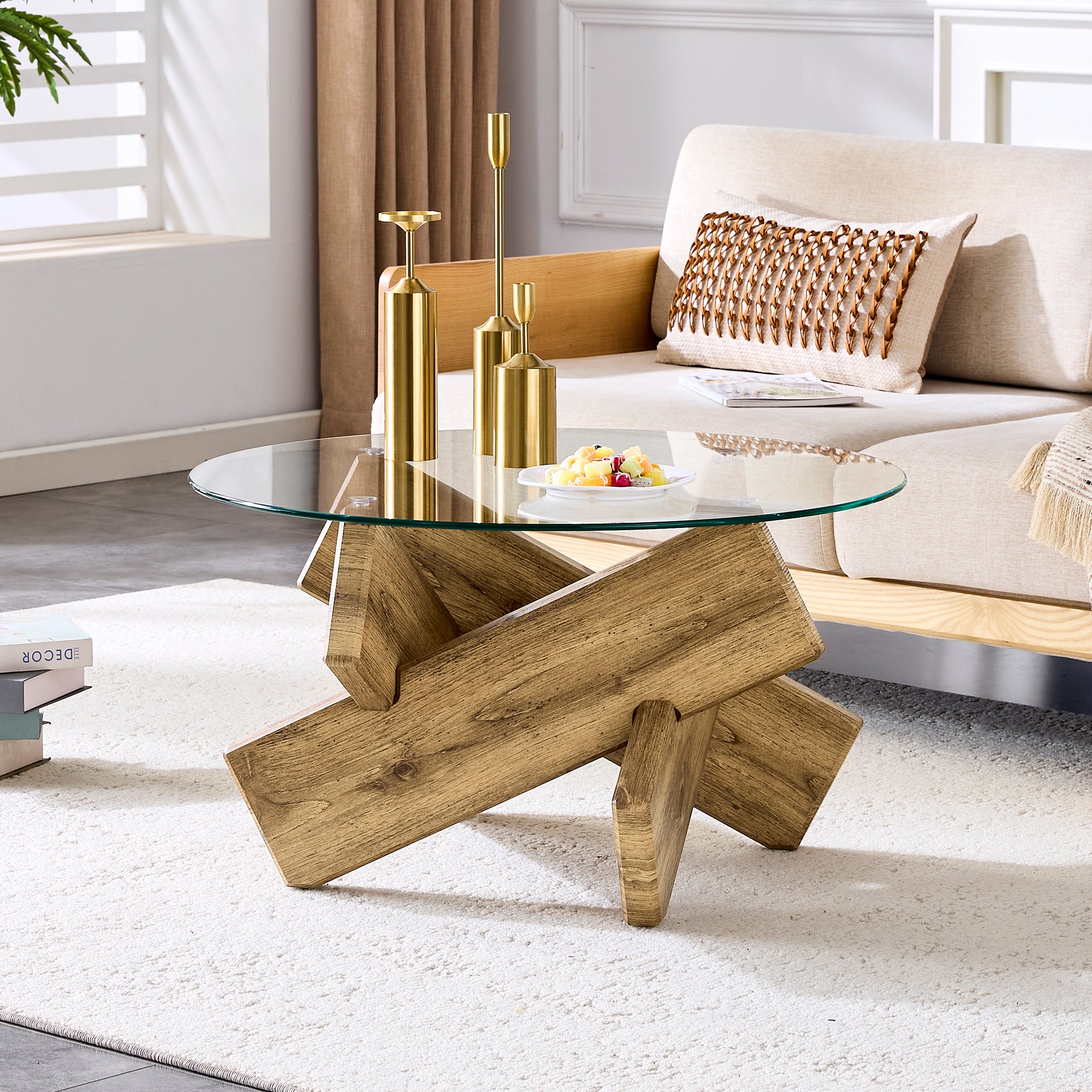 Round Coffee Table Glass Top 79cm Cross Frame - Multi-Color MDF