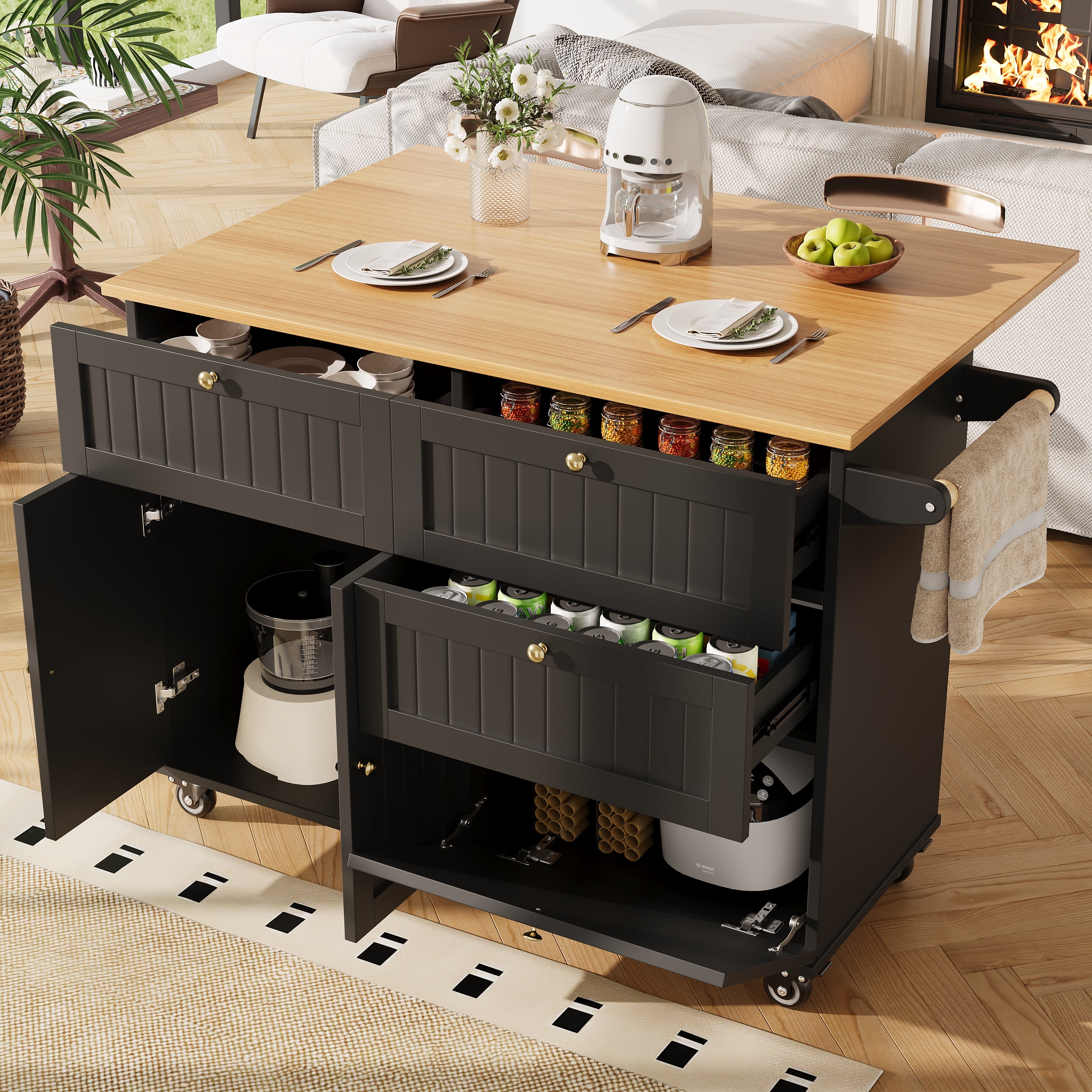 Modern Kitchen Island Dining Table Multifunctional with Storage Wood Grain Black
