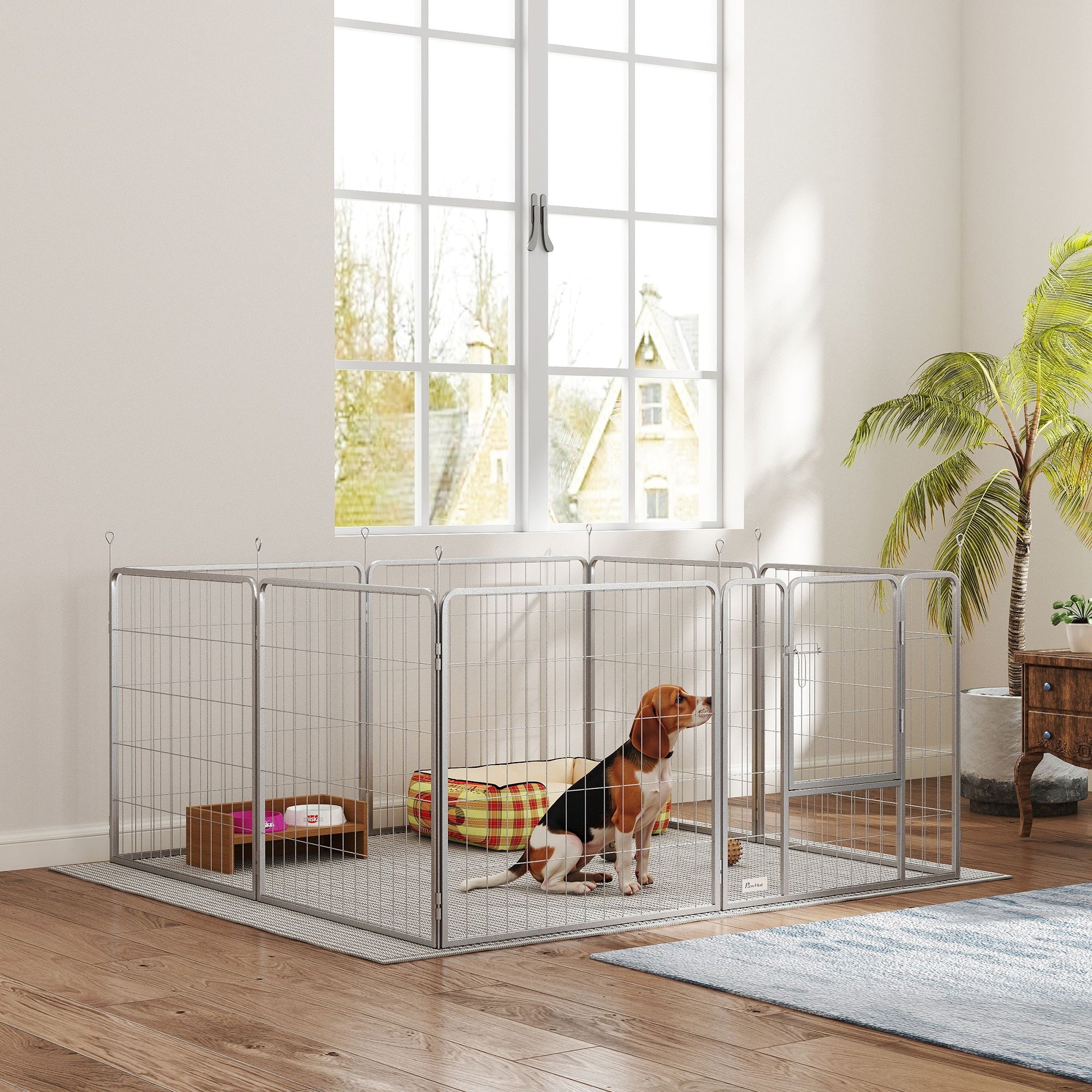 Puppy Playpen, 8-Piece 80cm High Outdoor Playpen with Door, Steel Silver