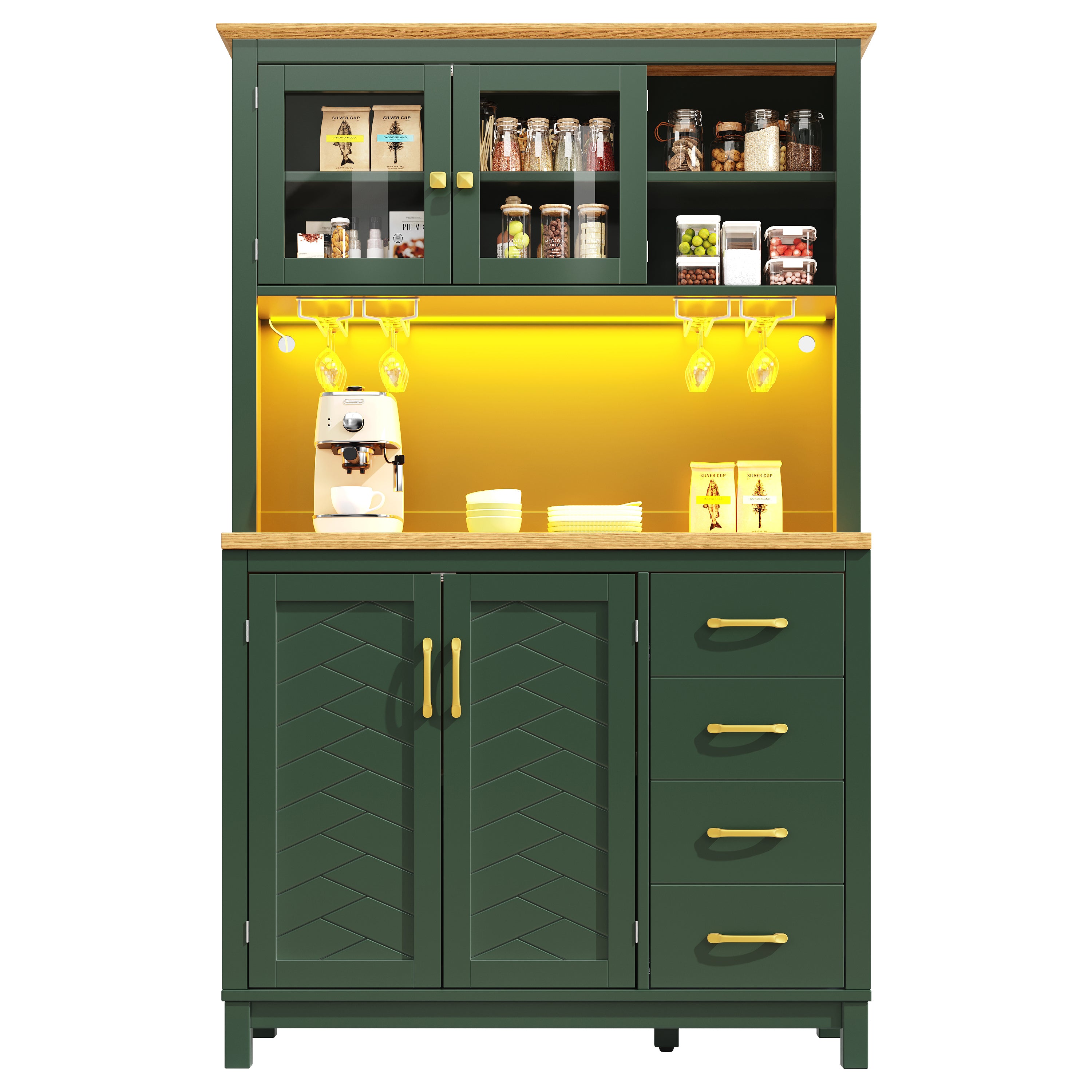 Buffet Cabinet with LED Light Strip and Drink Holders, Green, Black and White