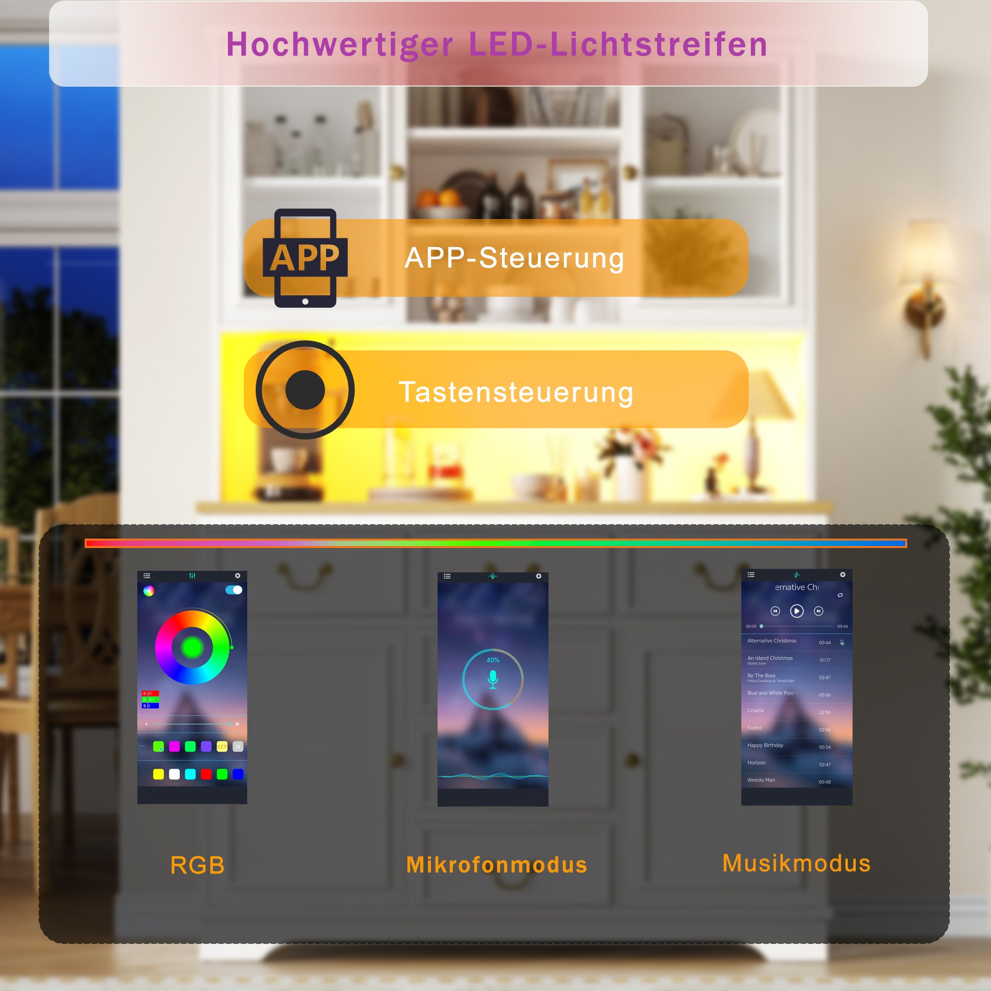 Tall Kitchen Cabinet Sideboard with USB Ports, Sockets and LED Lighting, White