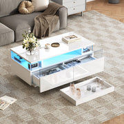 Coffee Table with Tray, 90 x 45 x 35.5 cm, 2 Drawers, Tempered Glass, LED Light, White