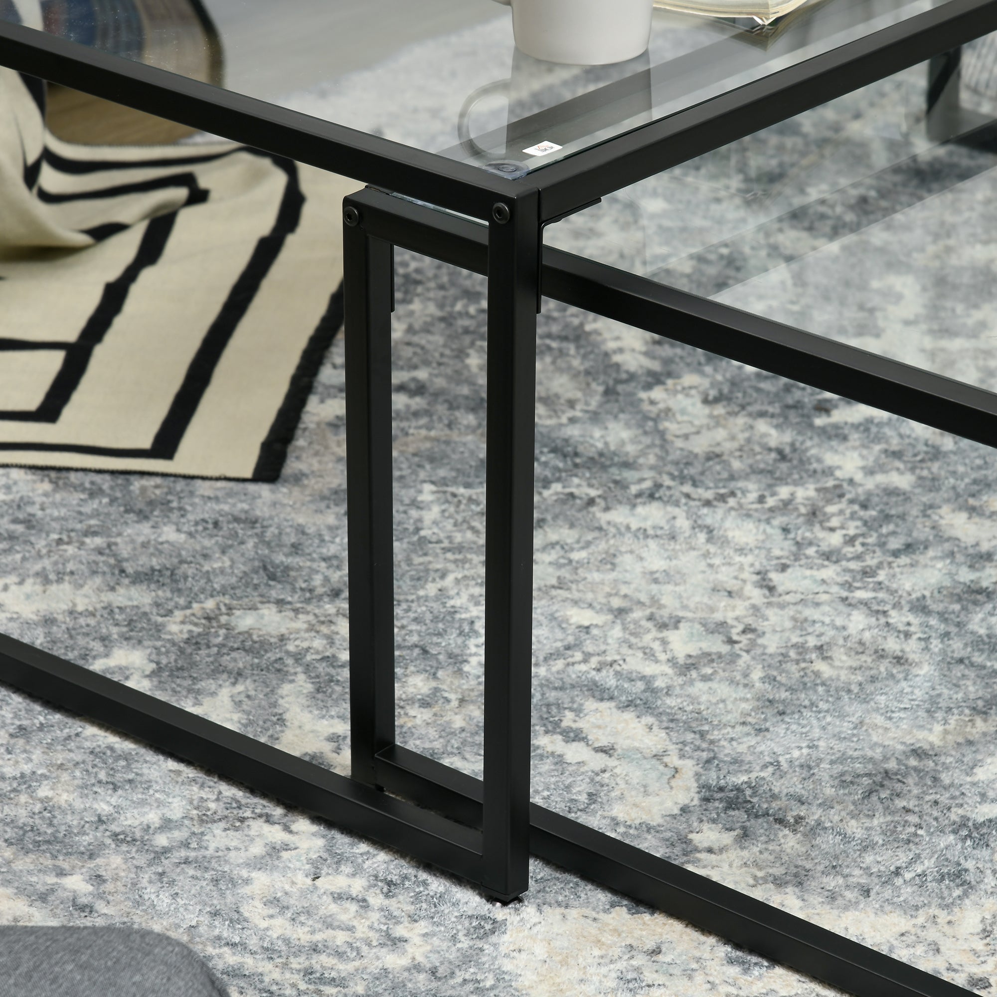 Coffee Table Set of 2 Nesting Side Table Glass Black Steel