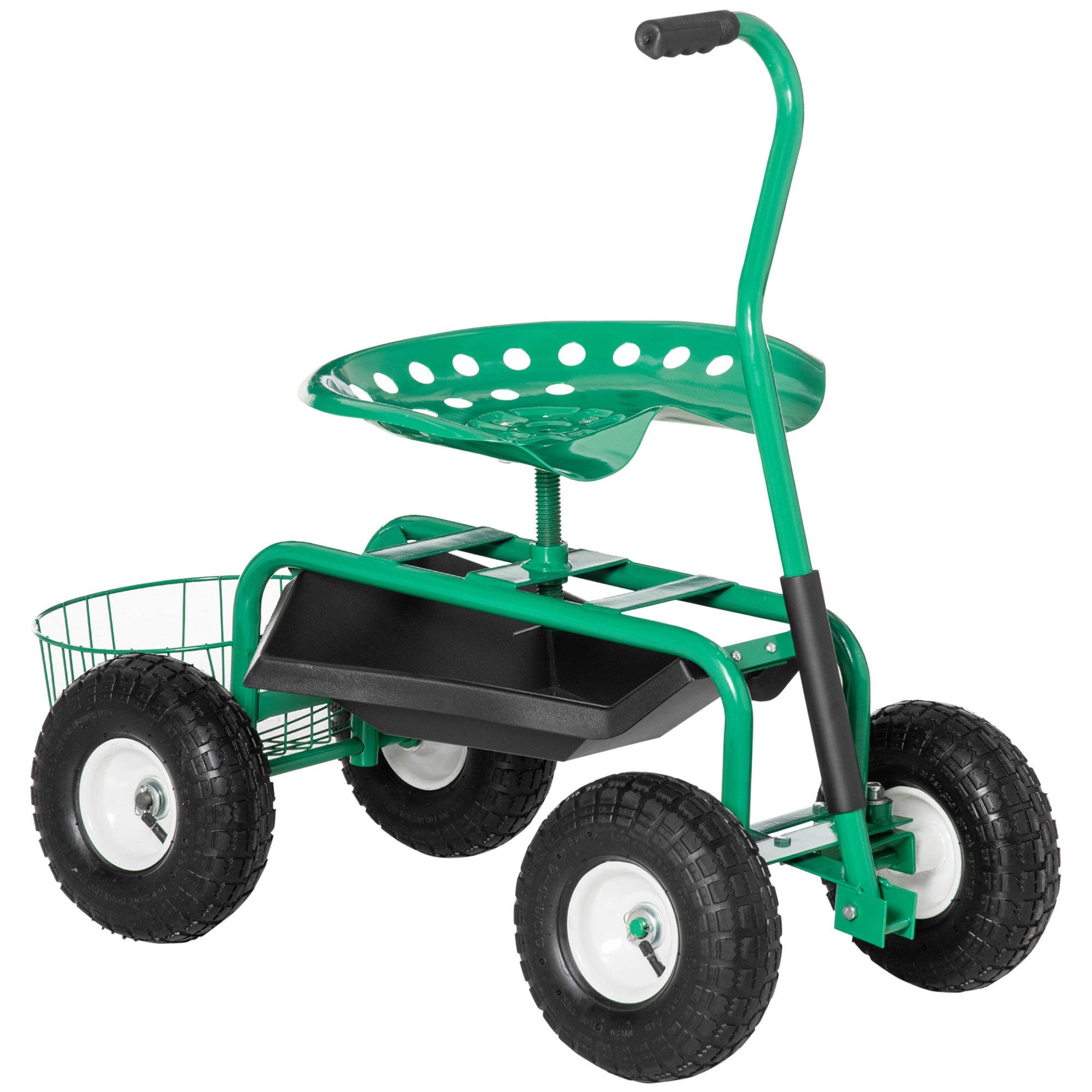 Garden/Workshop Trolley Seat Swivel Adjustable Height Storage Basket 150kg Capacity, Green
