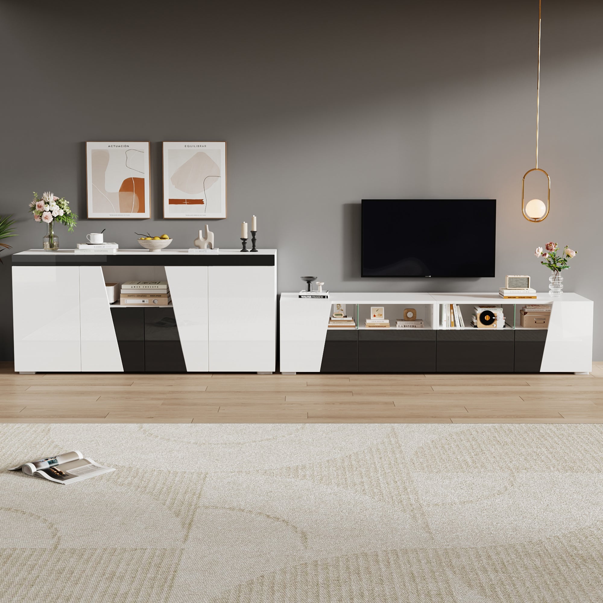 TV Cabinet and Sideboard Combination, High-Gloss LED Lowboard 180x45cm / 140x65cm, Black and White
