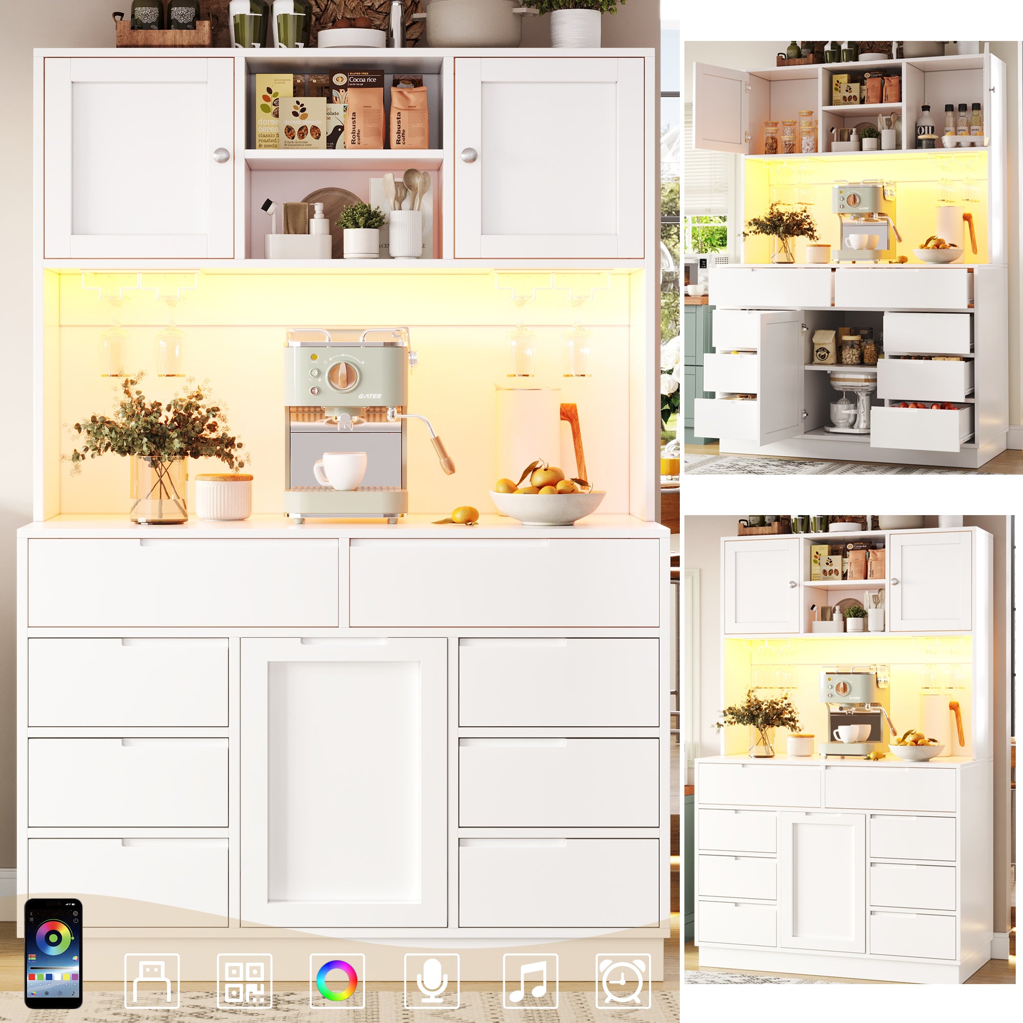 Modern Tall Cabinet Smart LED Lighting 8 Drawers Adjustable Shelves White