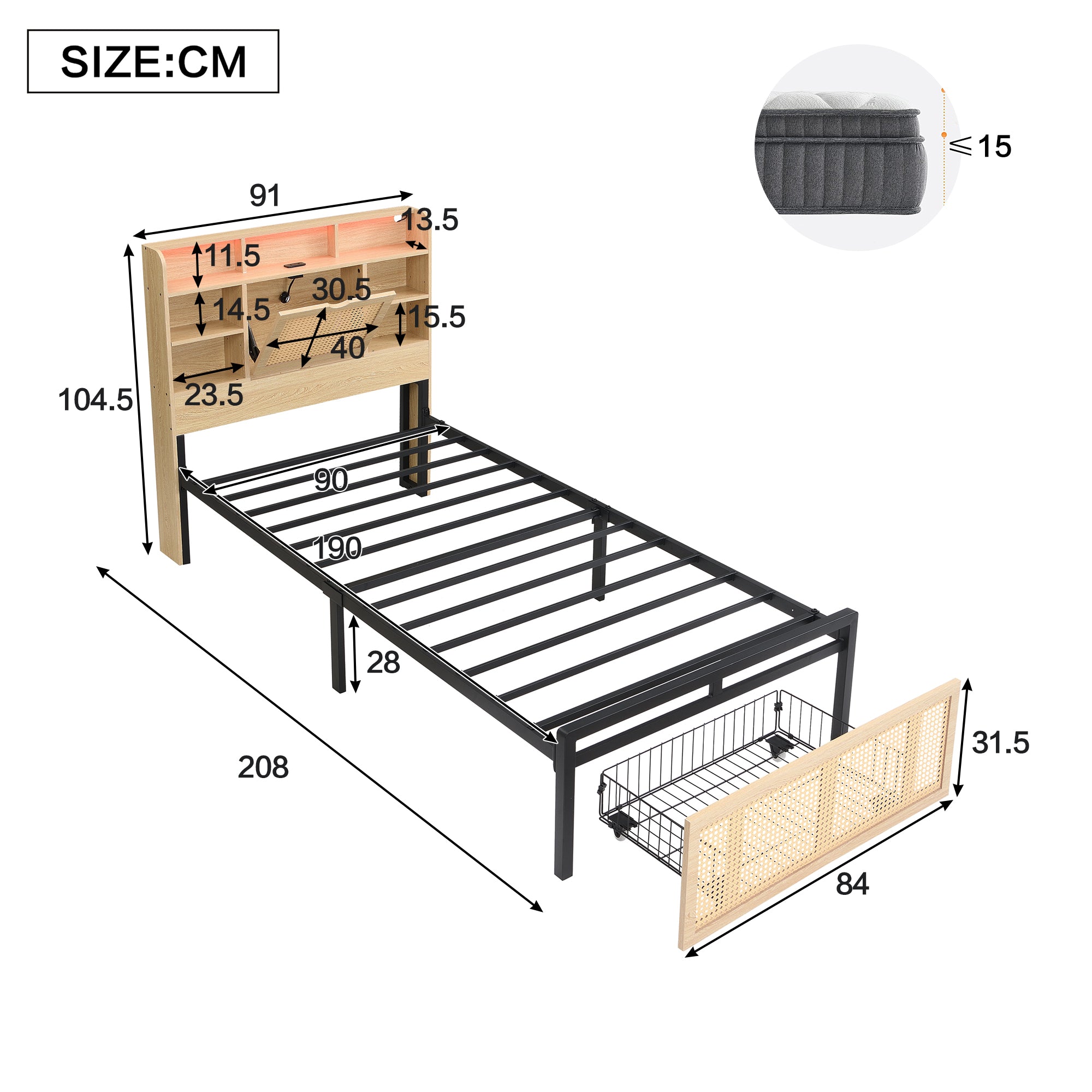 Wooden Bed, 3ft Single, LED Light, Charging Port & Storage, Wood Colour