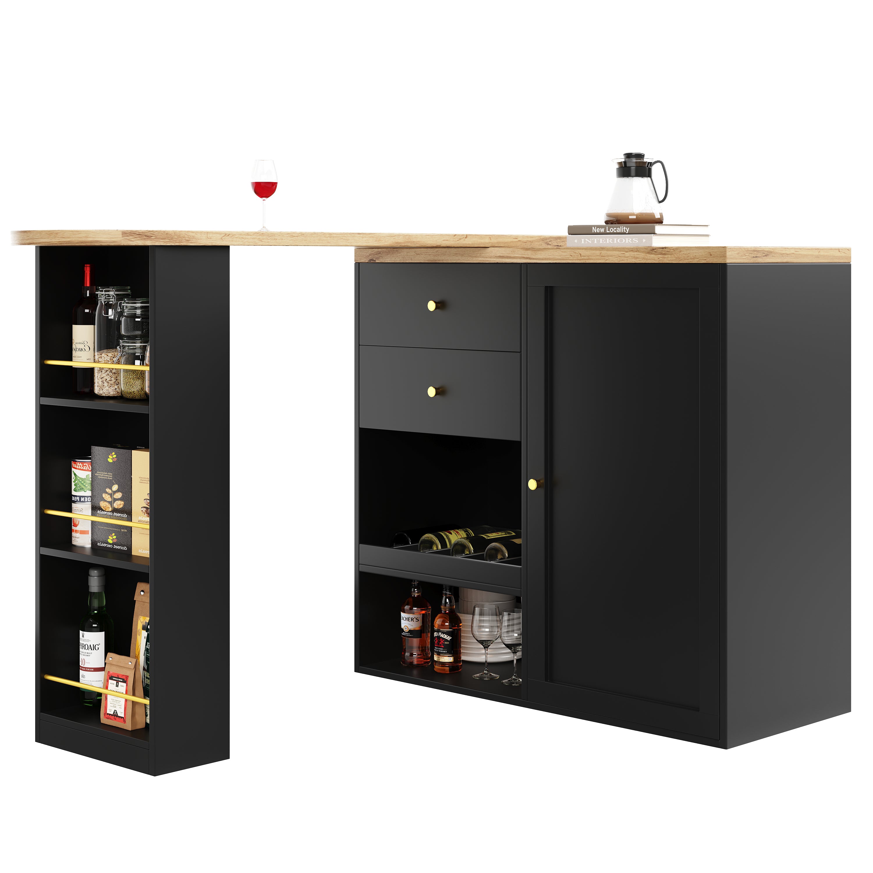 Rotating Bar Table Multifunctional Storage with 2 Drawers and Sliding Door Cabinet