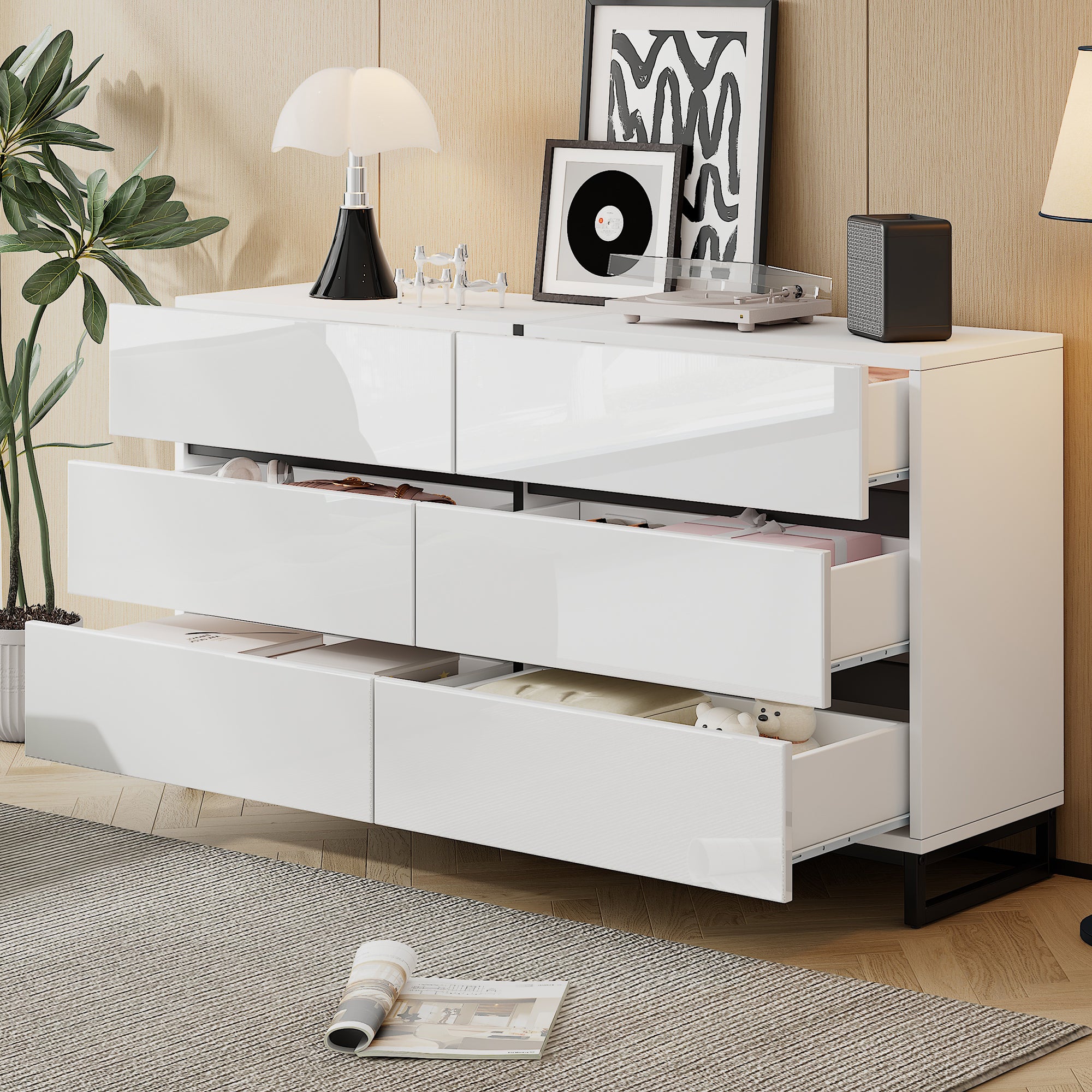Living Room Sideboard, 6-Drawer High-Gloss Cabinet with Metal Legs, White/Black