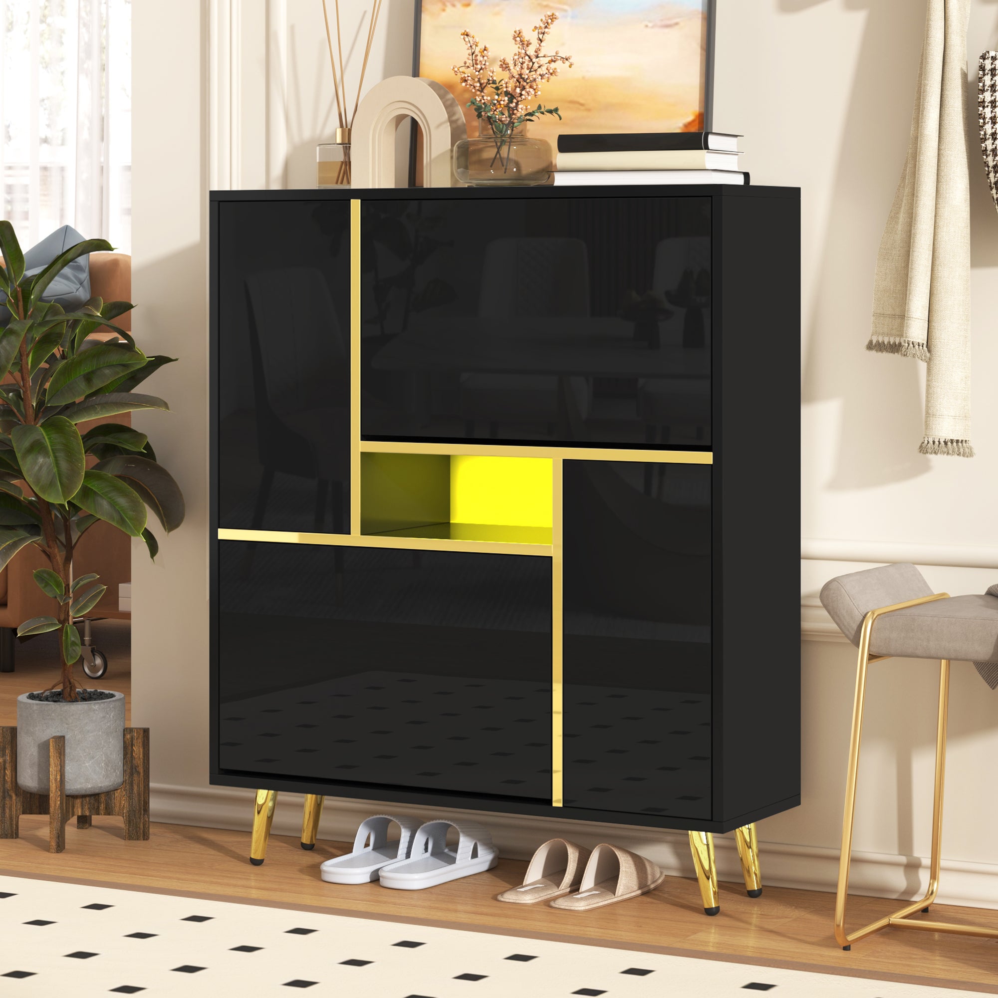 Modern shoe cabinet, high-gloss front, 16-color LED light, black